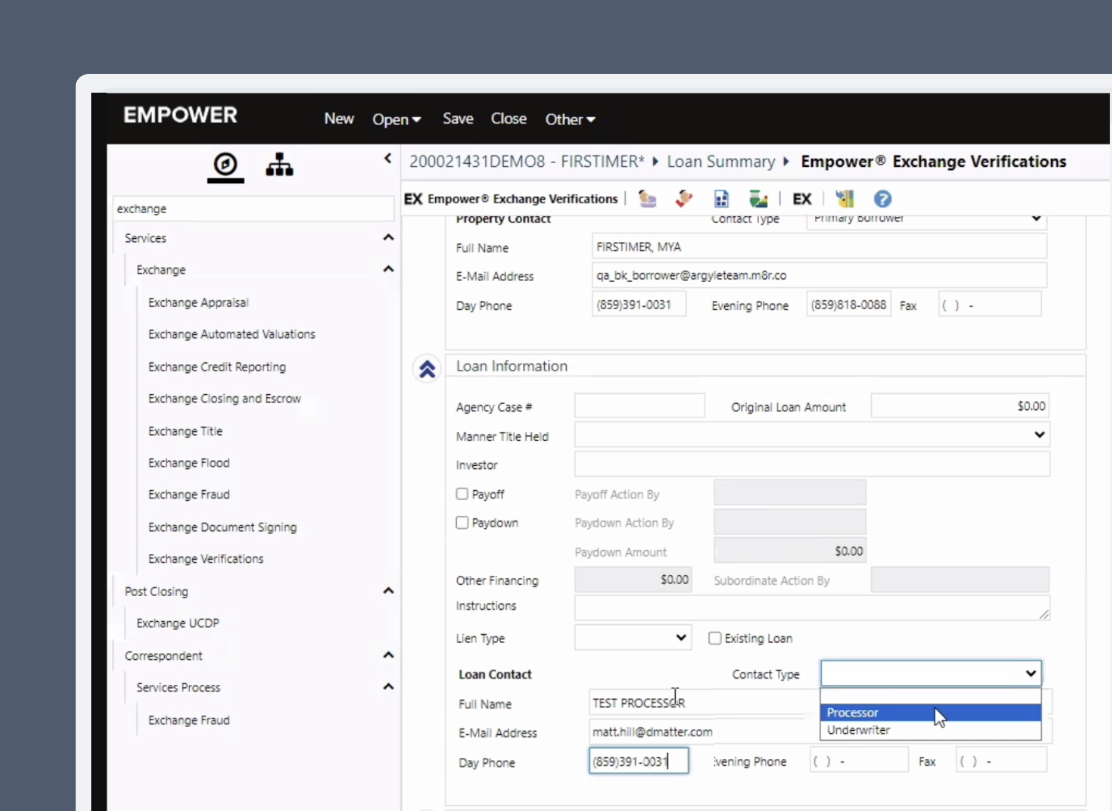 Choose the loan officer's role type, either processor or underwriter.
