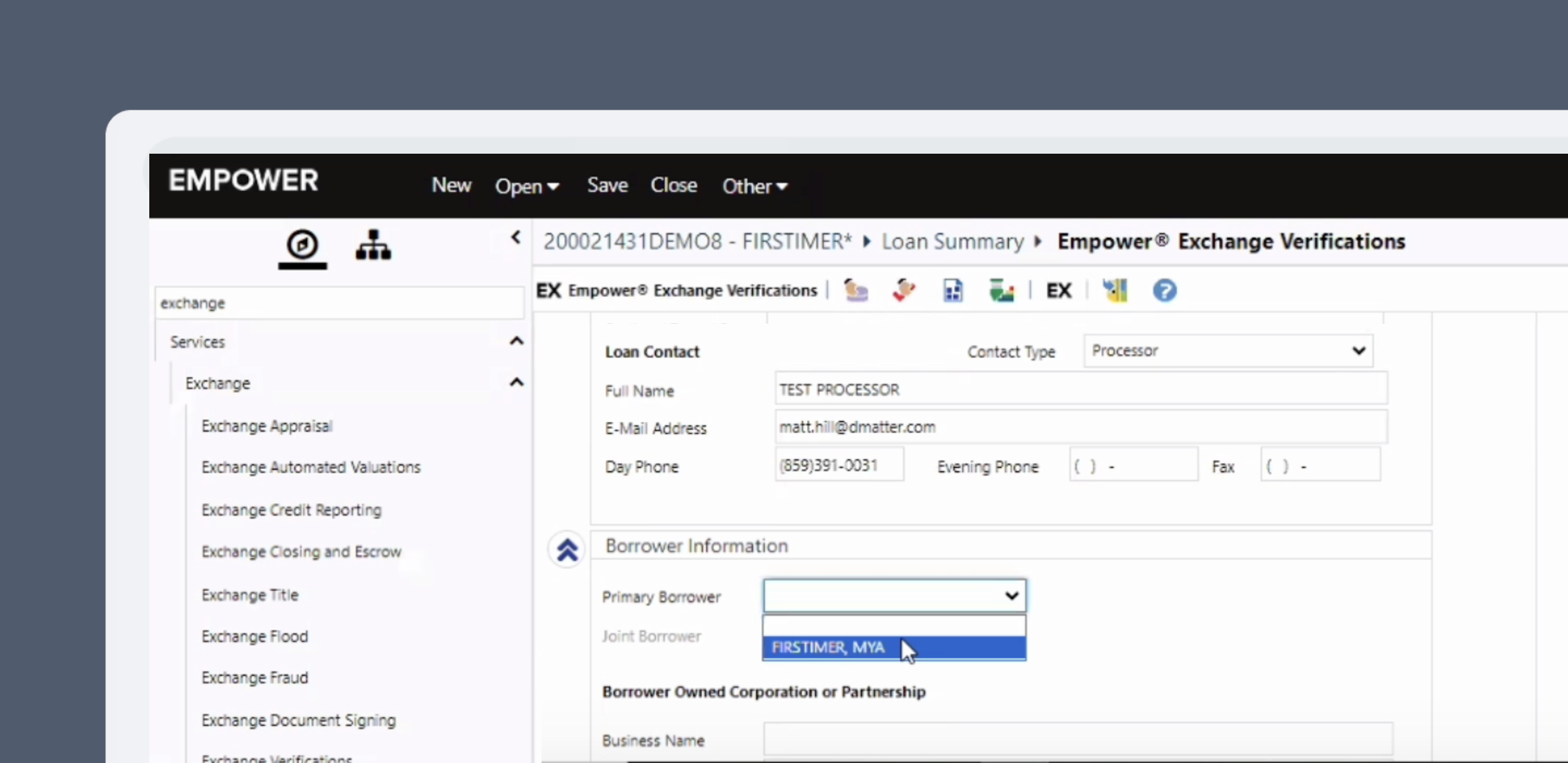 Select the name of the primary borrower in Empower from the Primary Borrower dropdown.