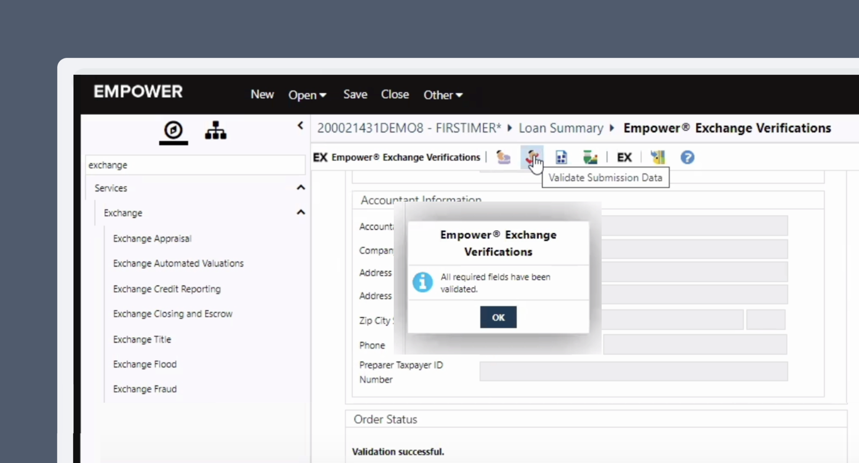After the Validate Submission Data button is clicked in the toolbar, a success pop-up appears if all required fields have been filled.