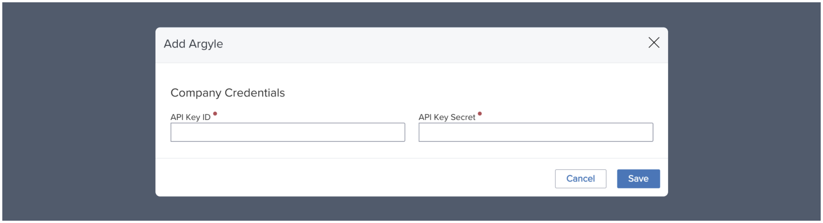 Enter your Argyle API keys (found in Console) in the Company Credentials pop-up.