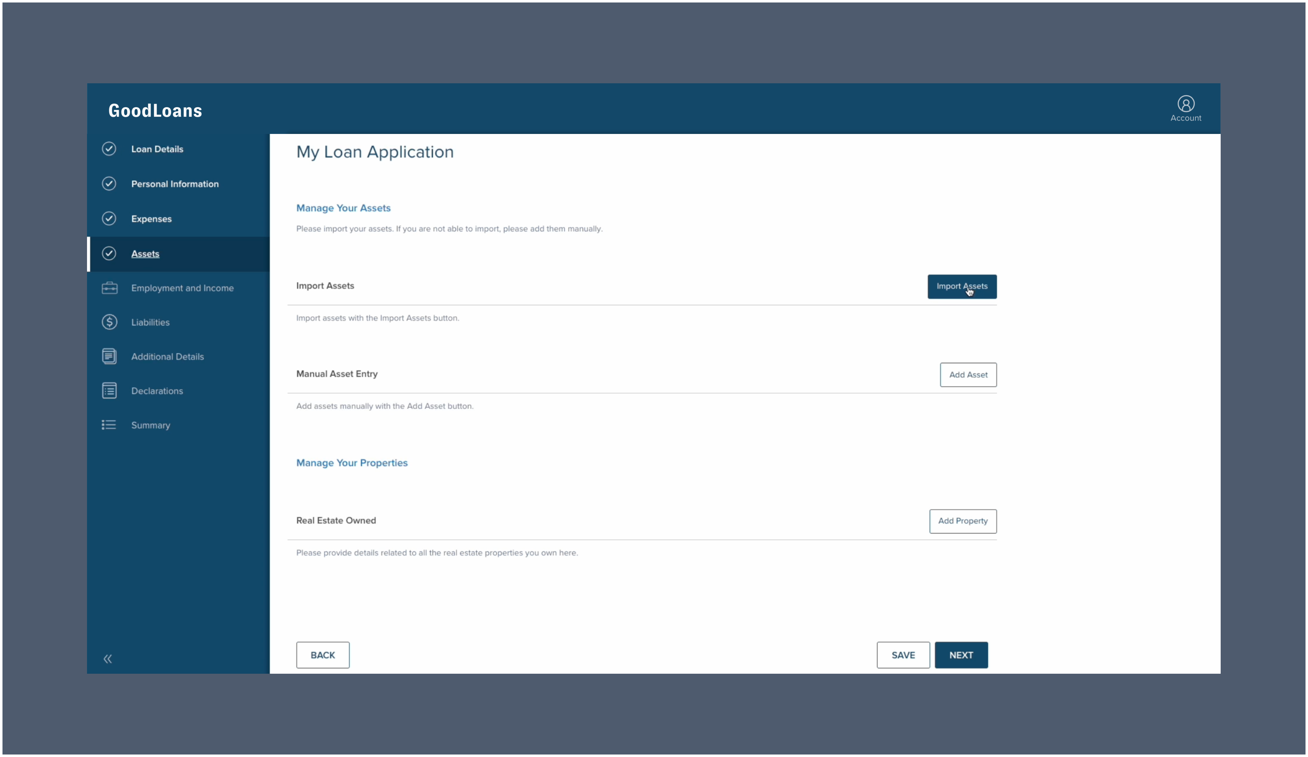 Import Assets is selected on the Assets tab of Consumer Connect.