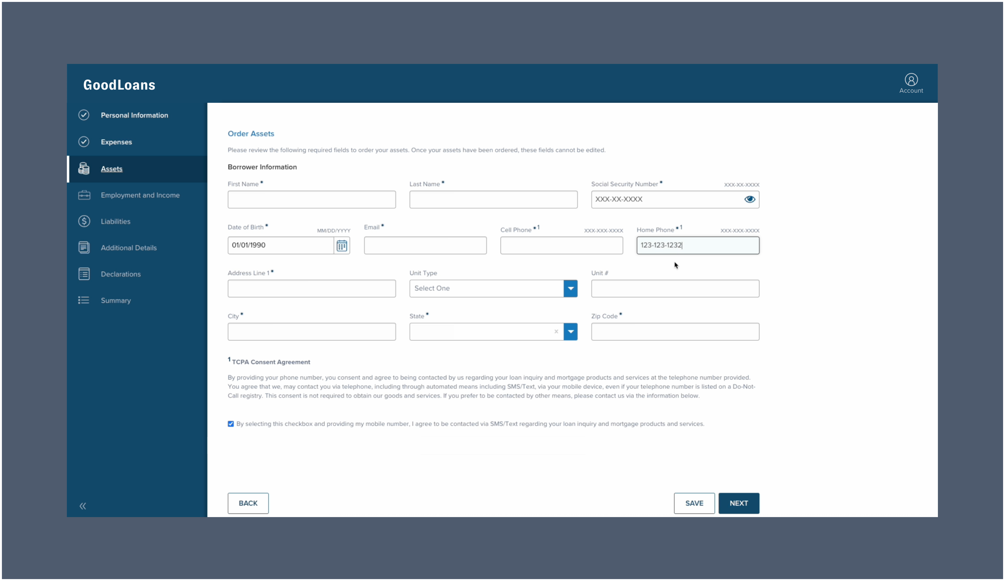 The borrower enters preliminary information within the application.