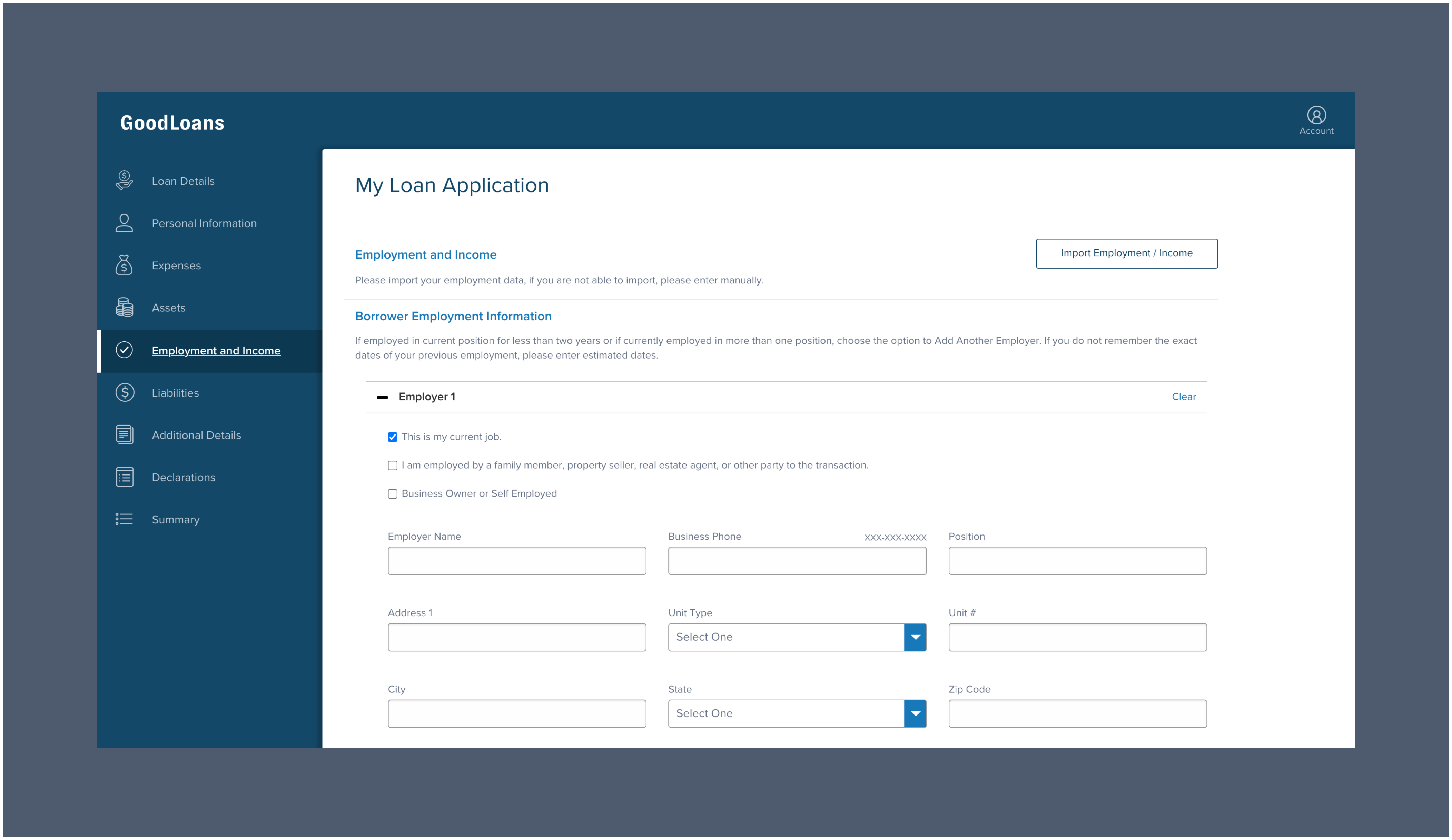 In the Employment and Income section of the application, borrowers need to select Import Employment/Income in the upper right.