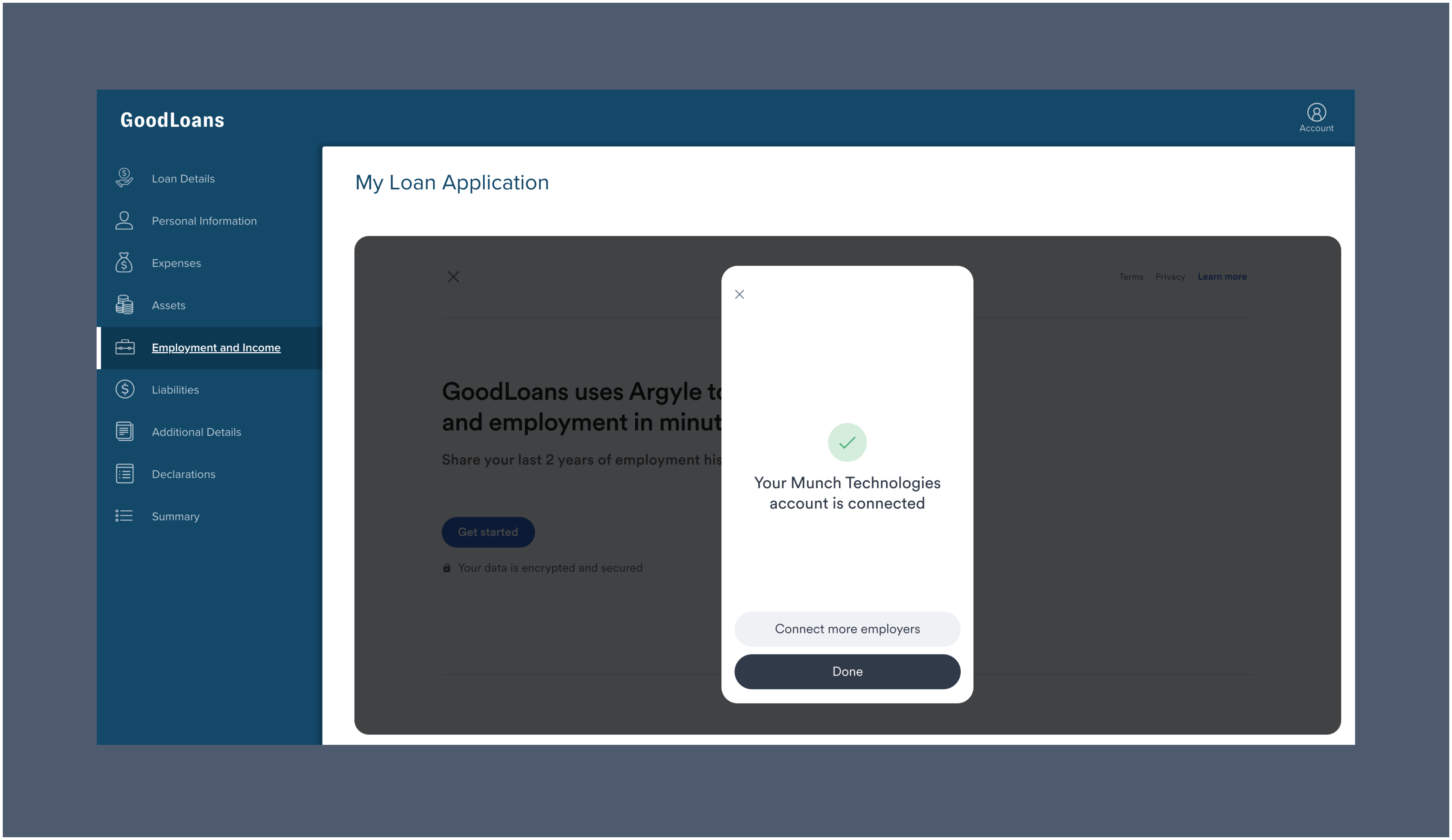 Borrower connect their employers and payroll providers via Argyle using a simple process that only requires their login credentials.