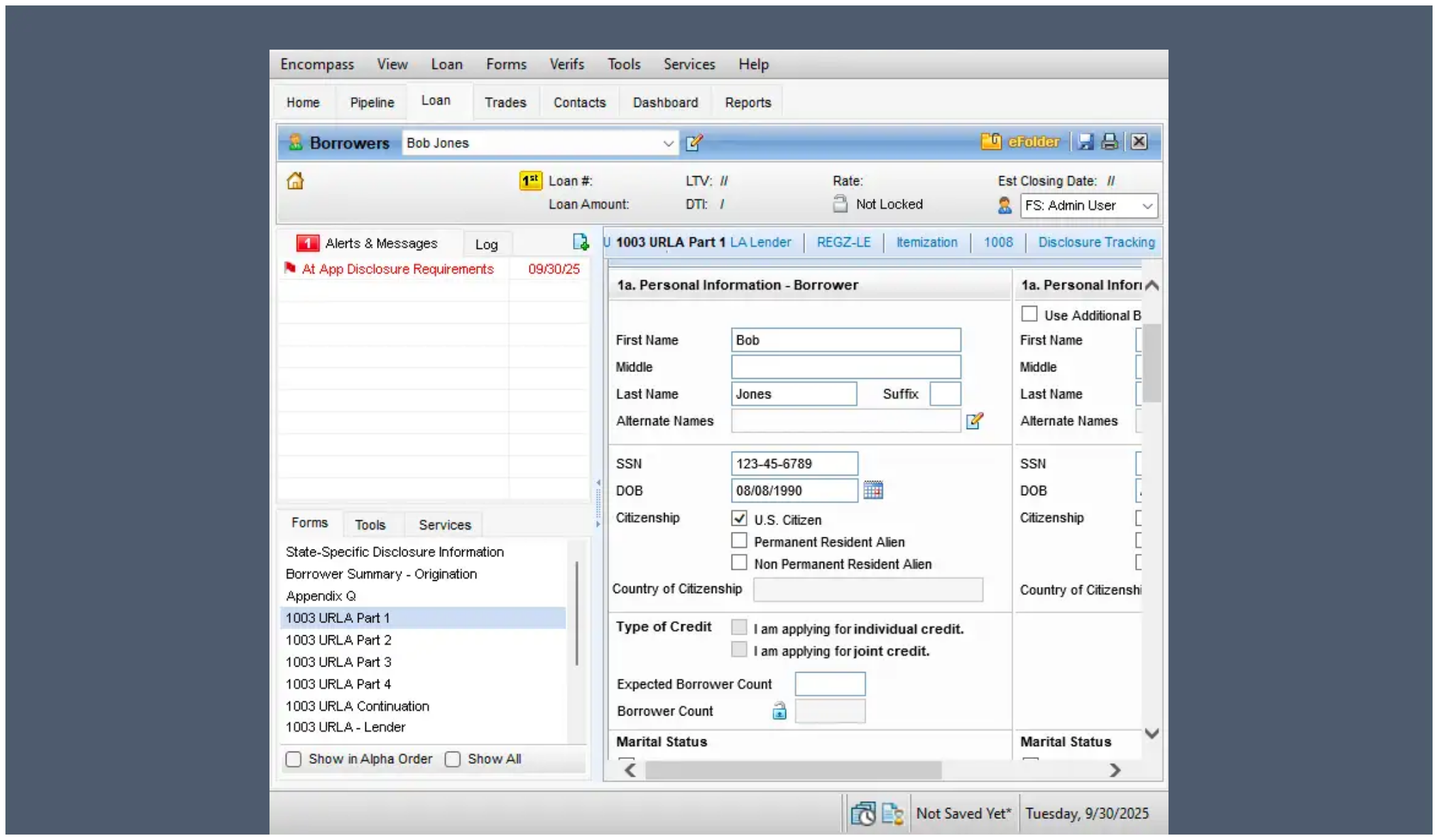 Fill in borrower first name, last name, and social security number within URLA Part 1.