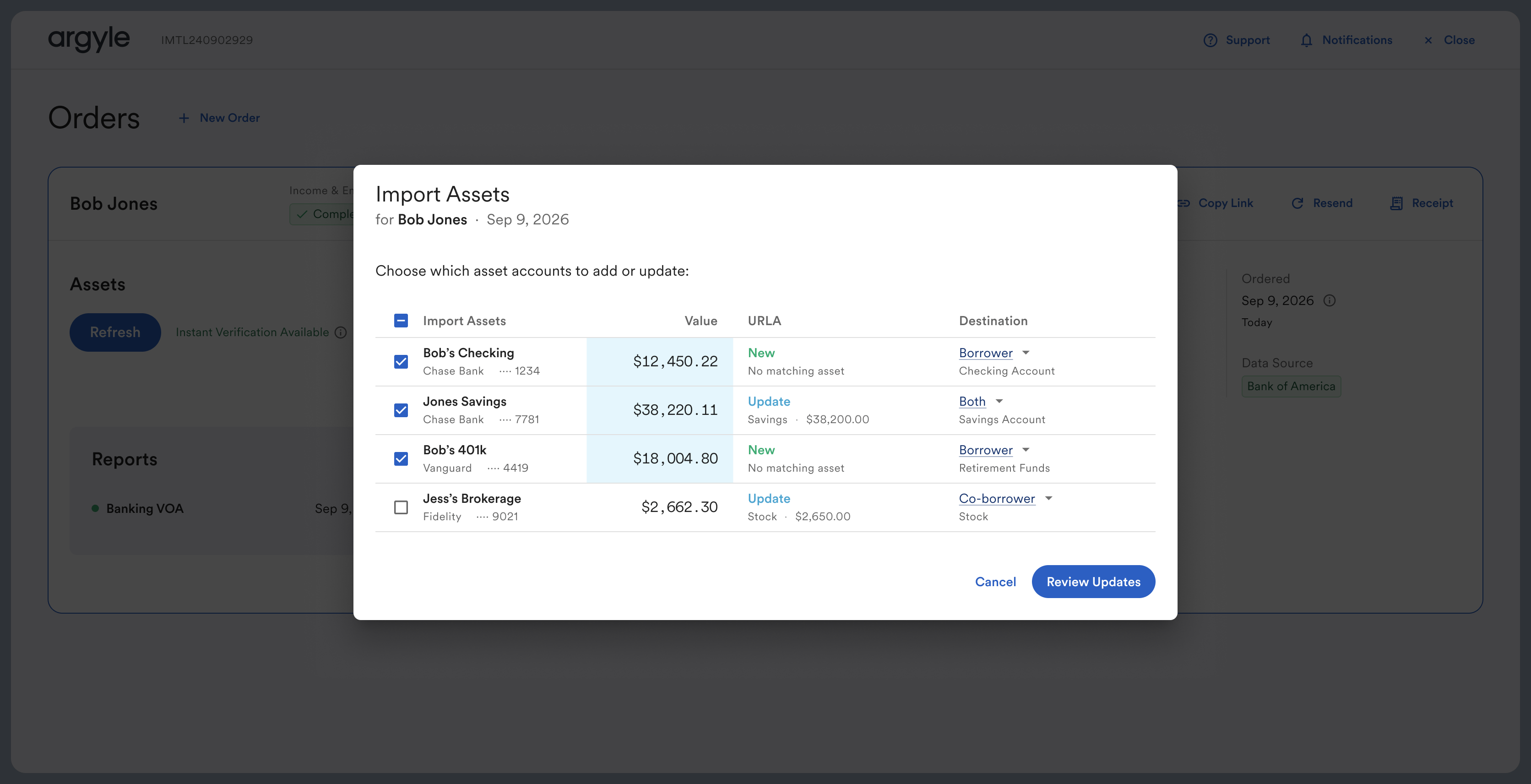 Select asset accounts to add or update in the Argyle Encompass Import Assets modal.