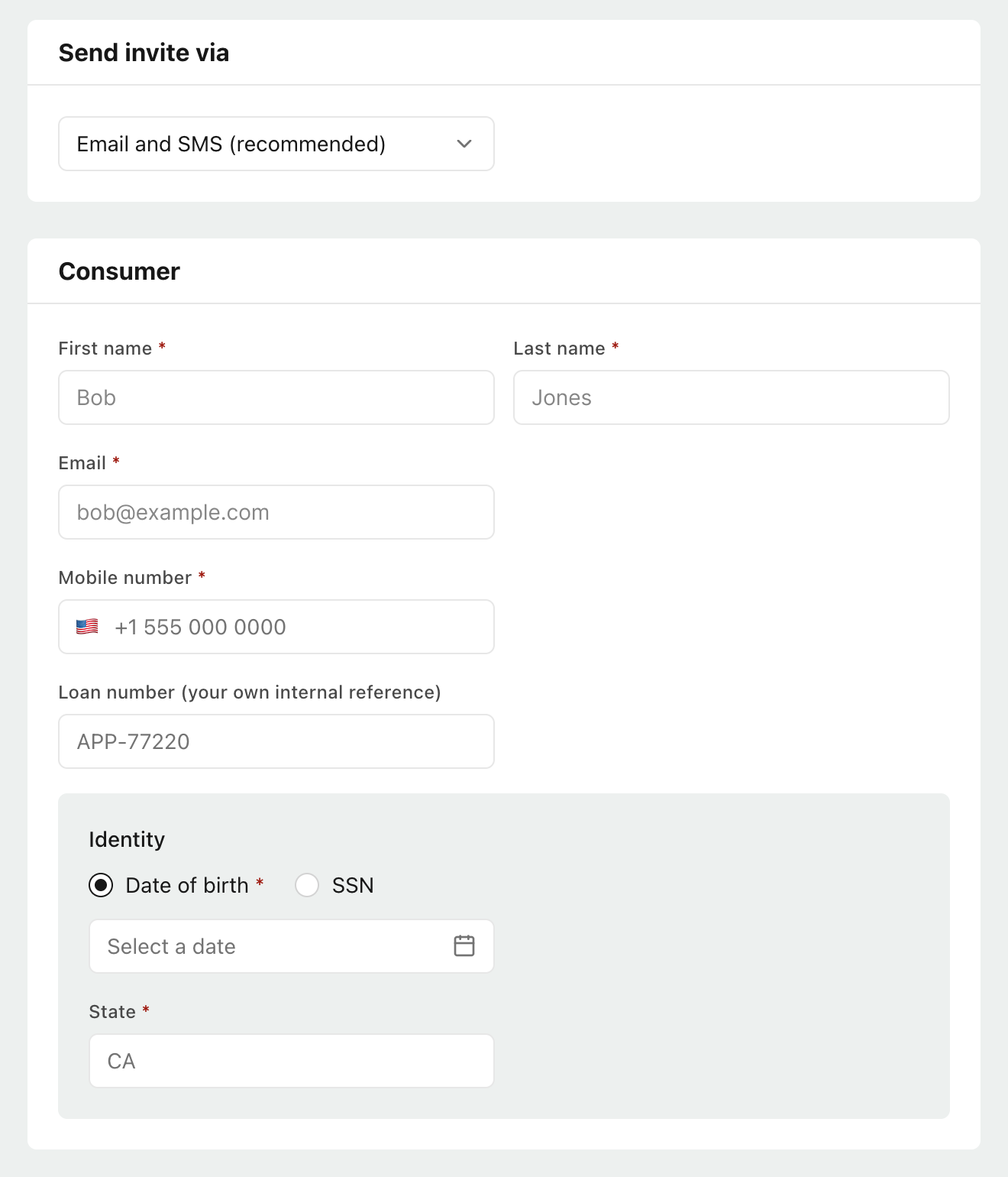 Send invite via and Consumer sections of the Console order form.