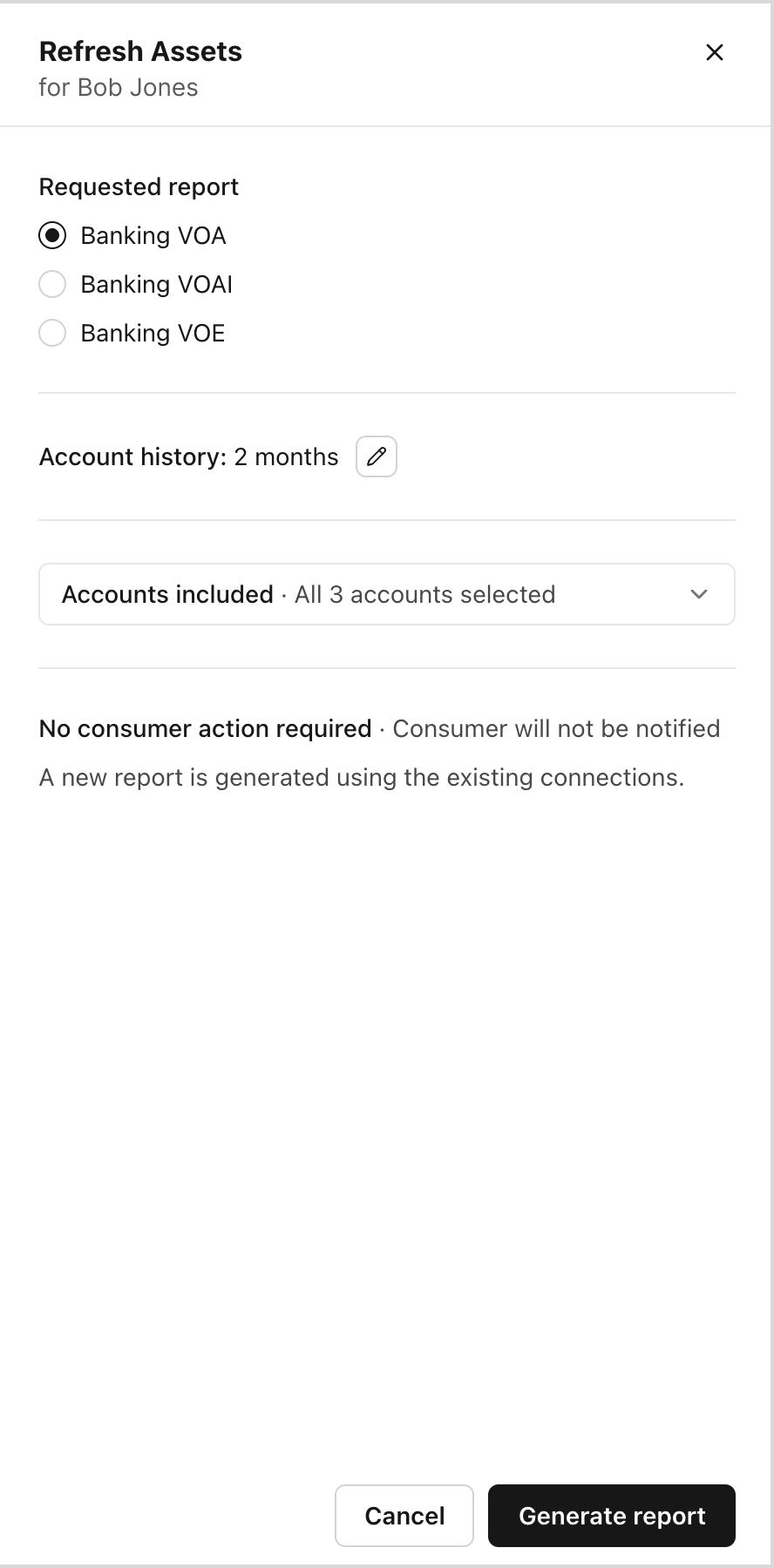 Refresh Assets panel with report type, account history, account selection, and Generate report controls.