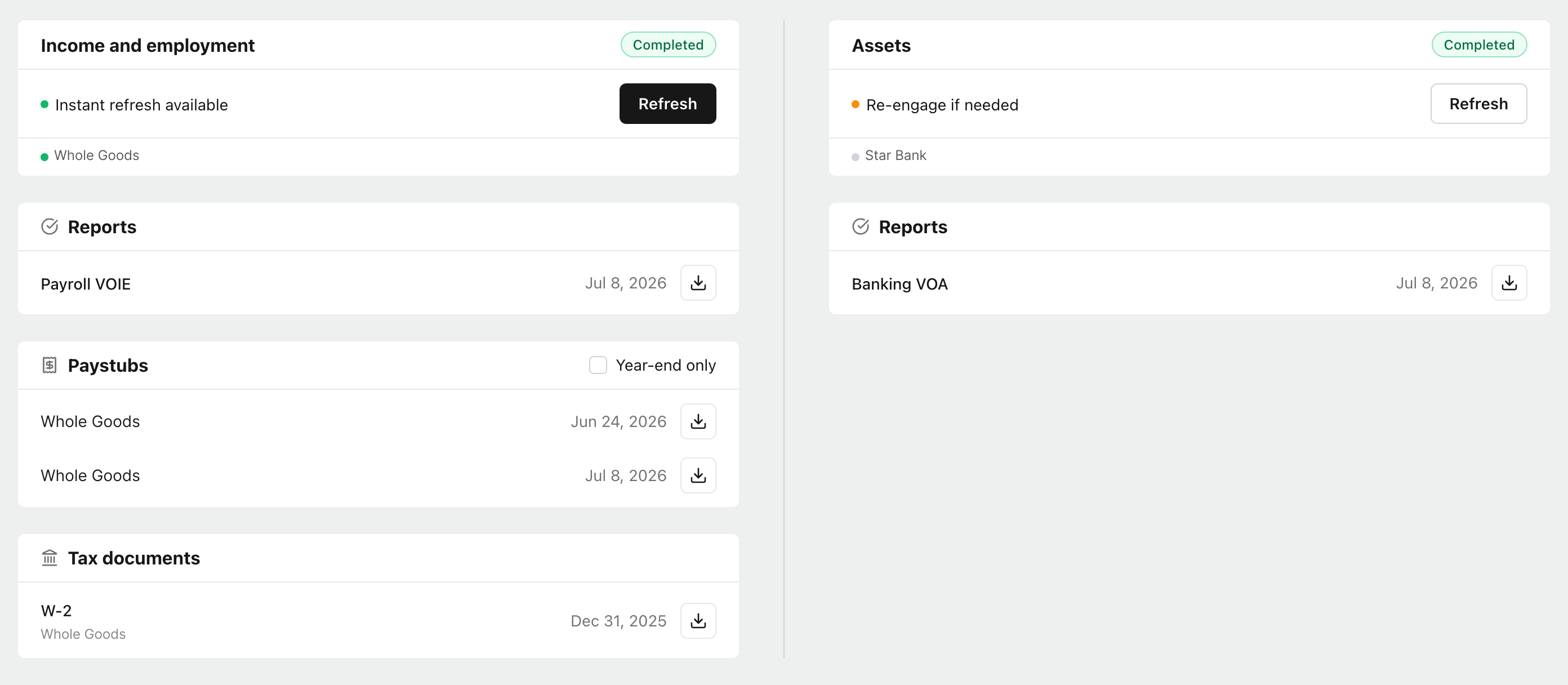 Completed payroll and banking verifications with reports, paystubs, and tax documents available to download.