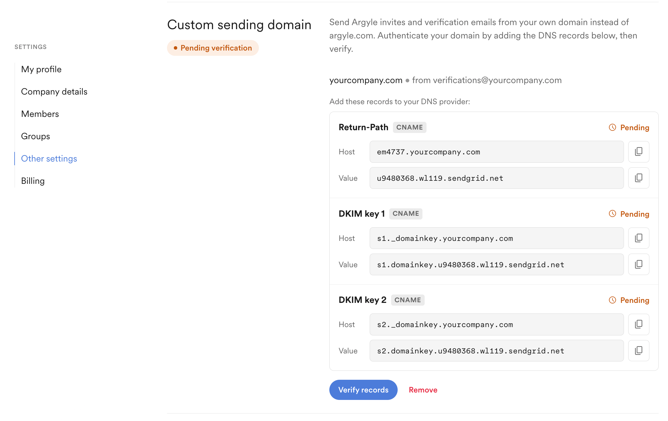 Copy the generated CNAME records into your DNS provider, then verify them in Console.
