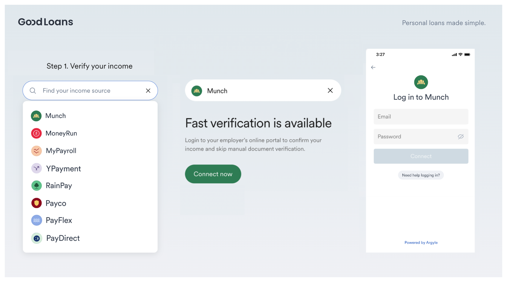 A search bar lets users search for their employer and directly connect to the respective login screen.