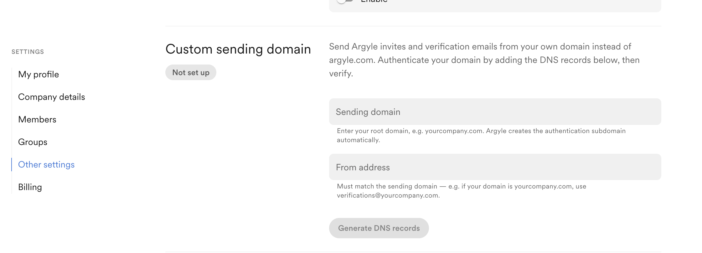 Enter a sending domain and from address in the Custom sending domain section of Console.