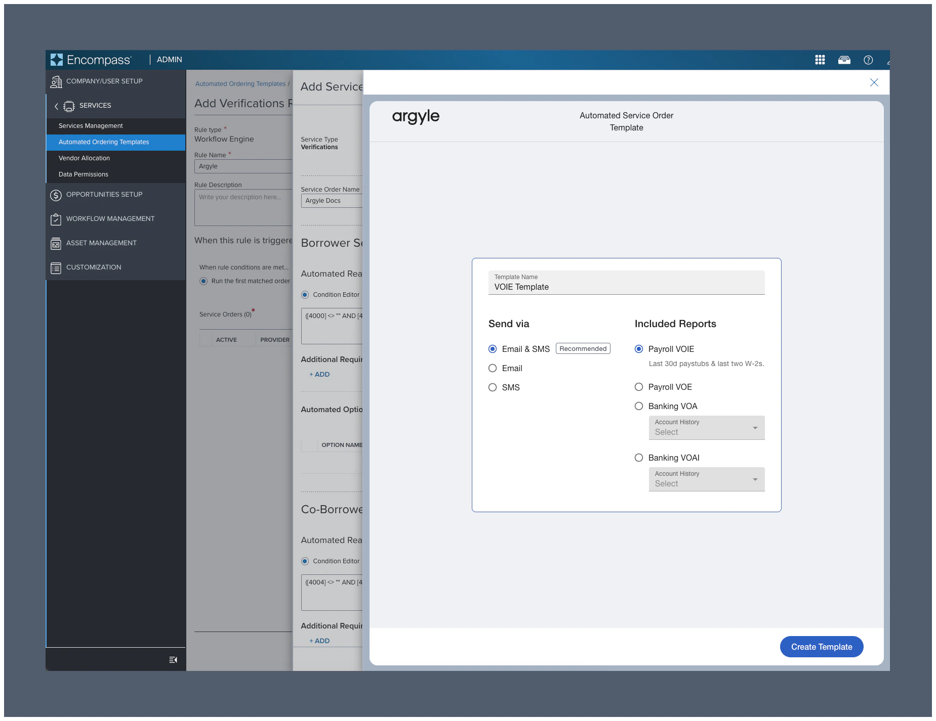 Configure the Automated Service Order Template with a template name, borrower contact method, and included report type.
