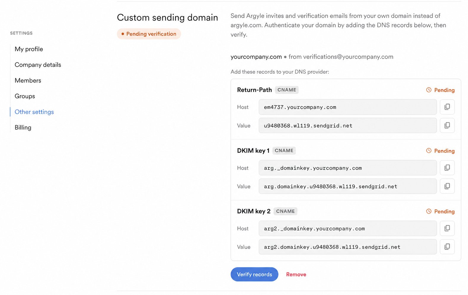 Copy the generated CNAME records into your DNS provider, then verify them in Console.