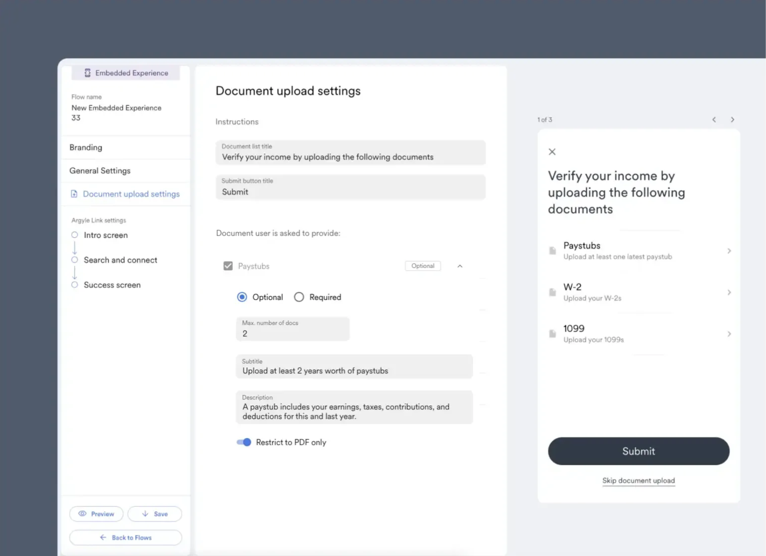 Toggle Restrict to PDF only to restrict file uploads to PDFs only.