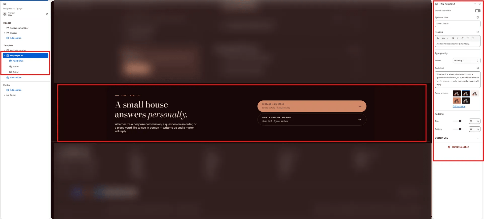 FAQ Help CTA Settings
