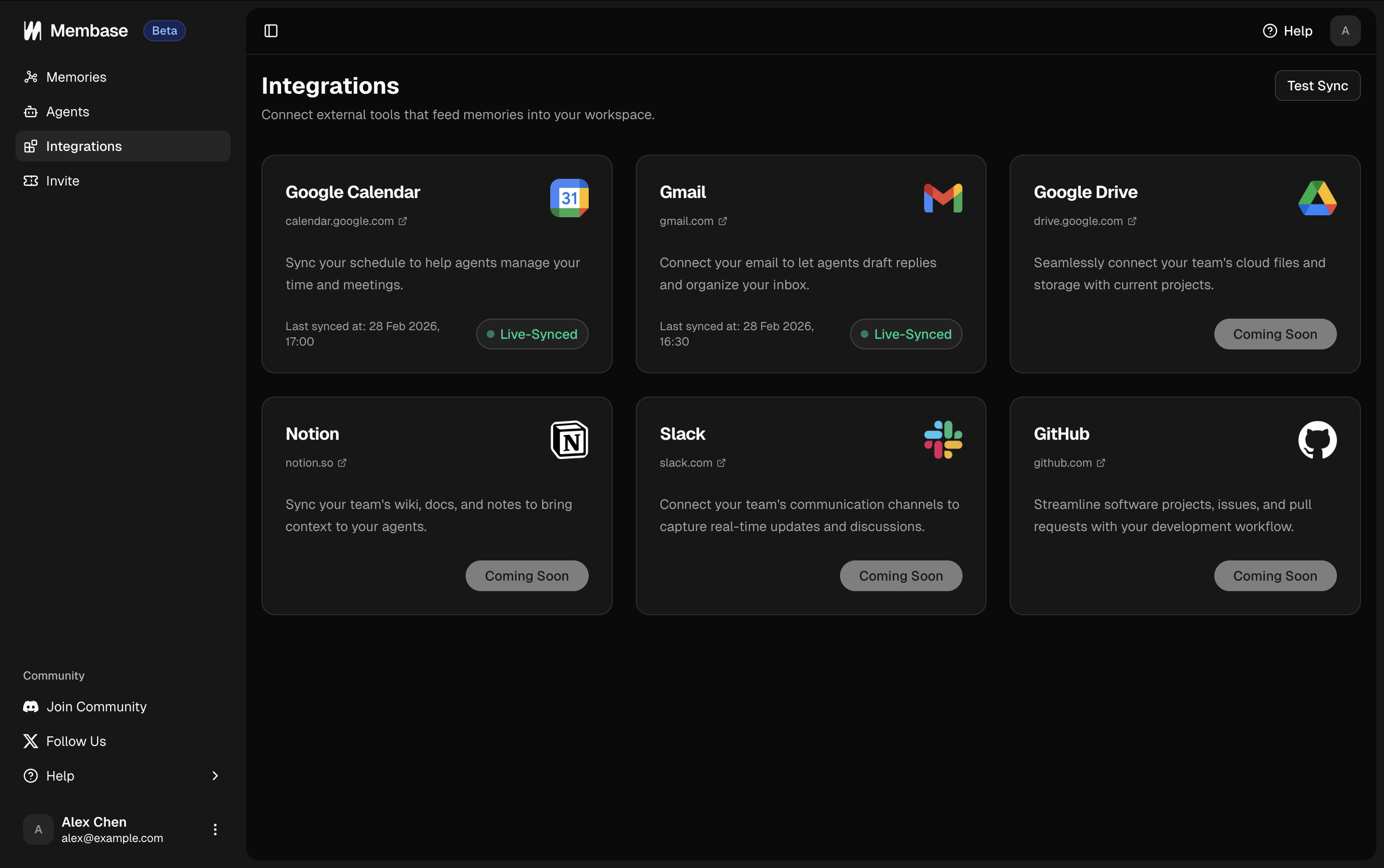 Membase integrations dashboard