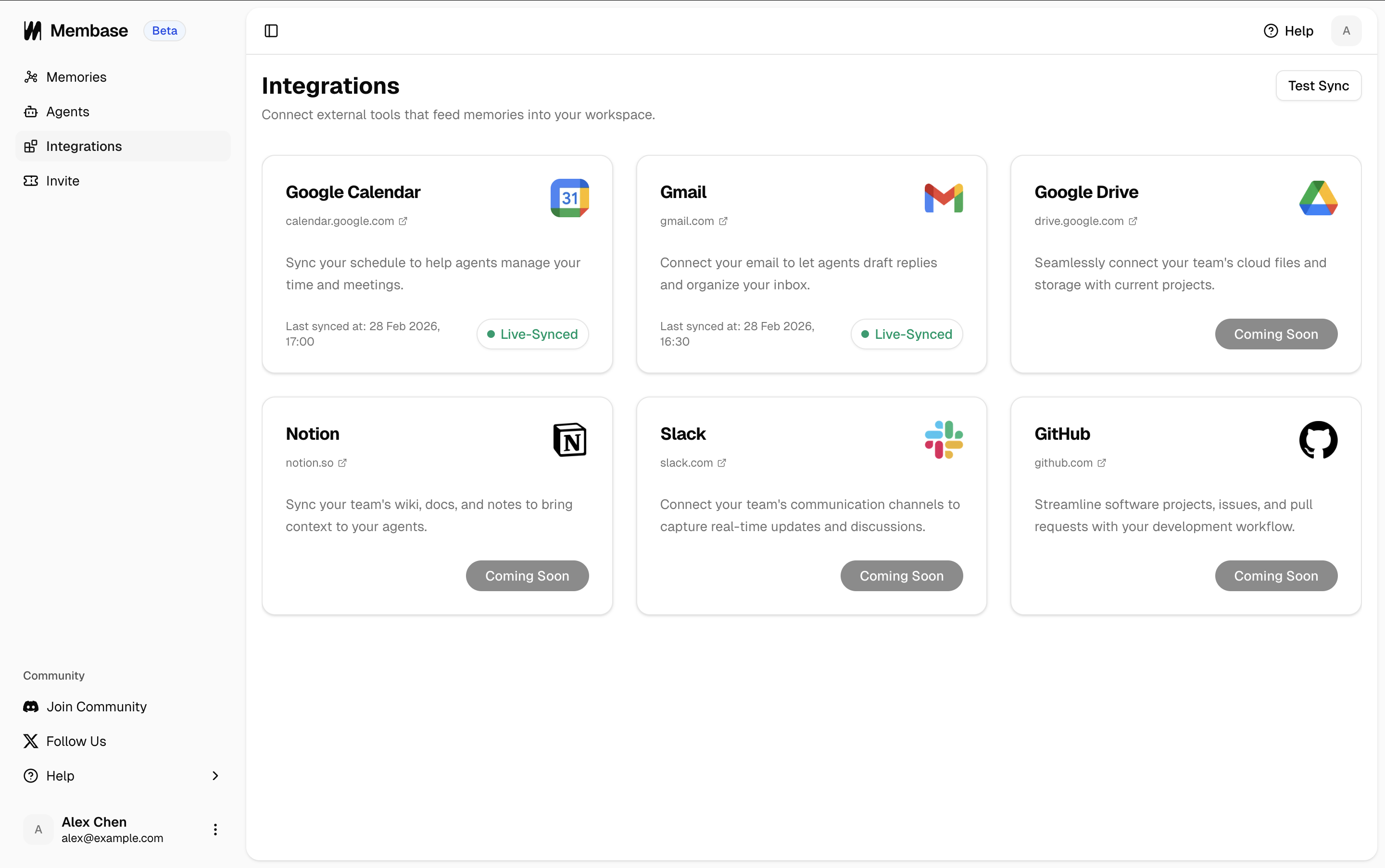 Membase integrations dashboard