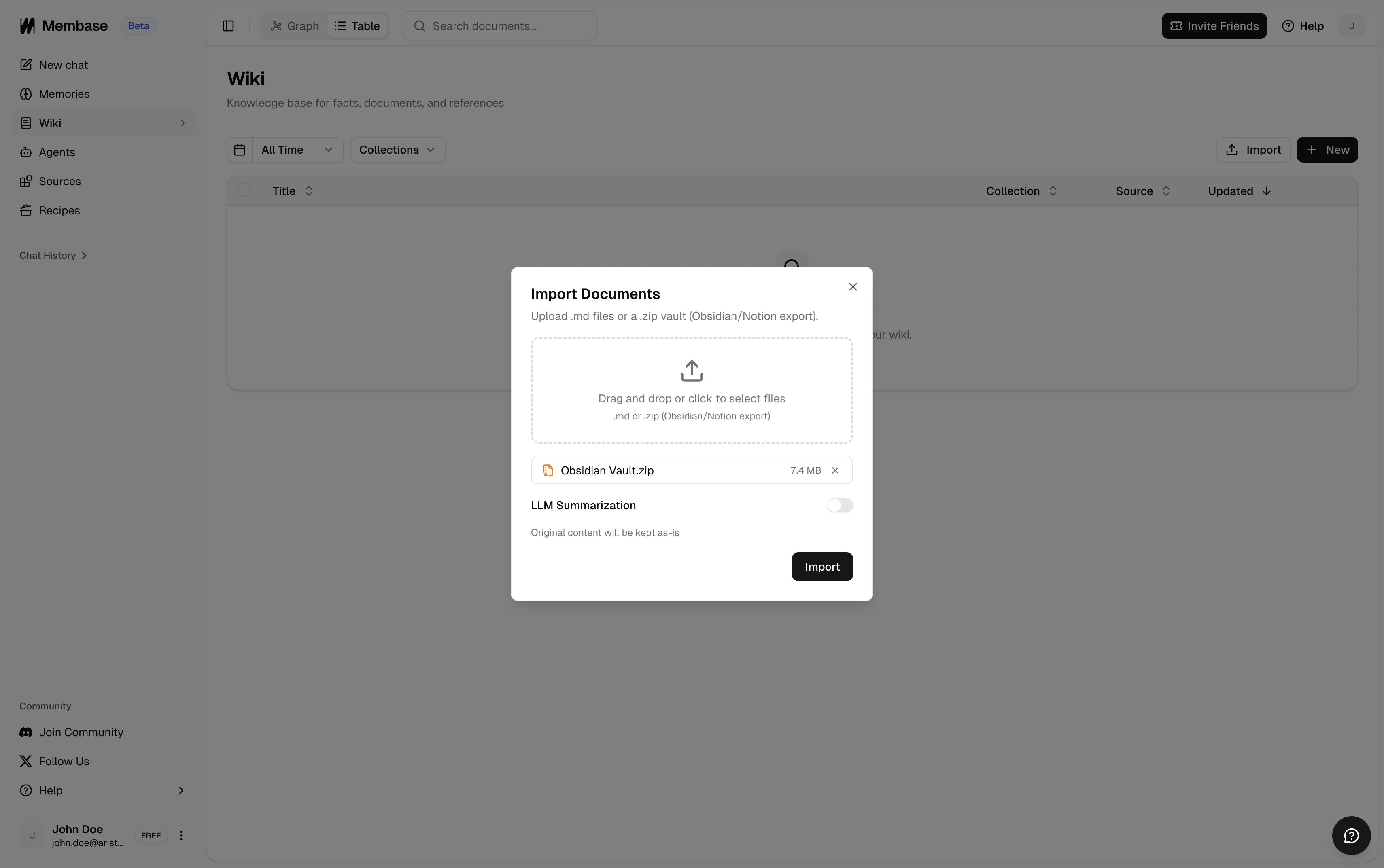 Obsidian vault import drop zone