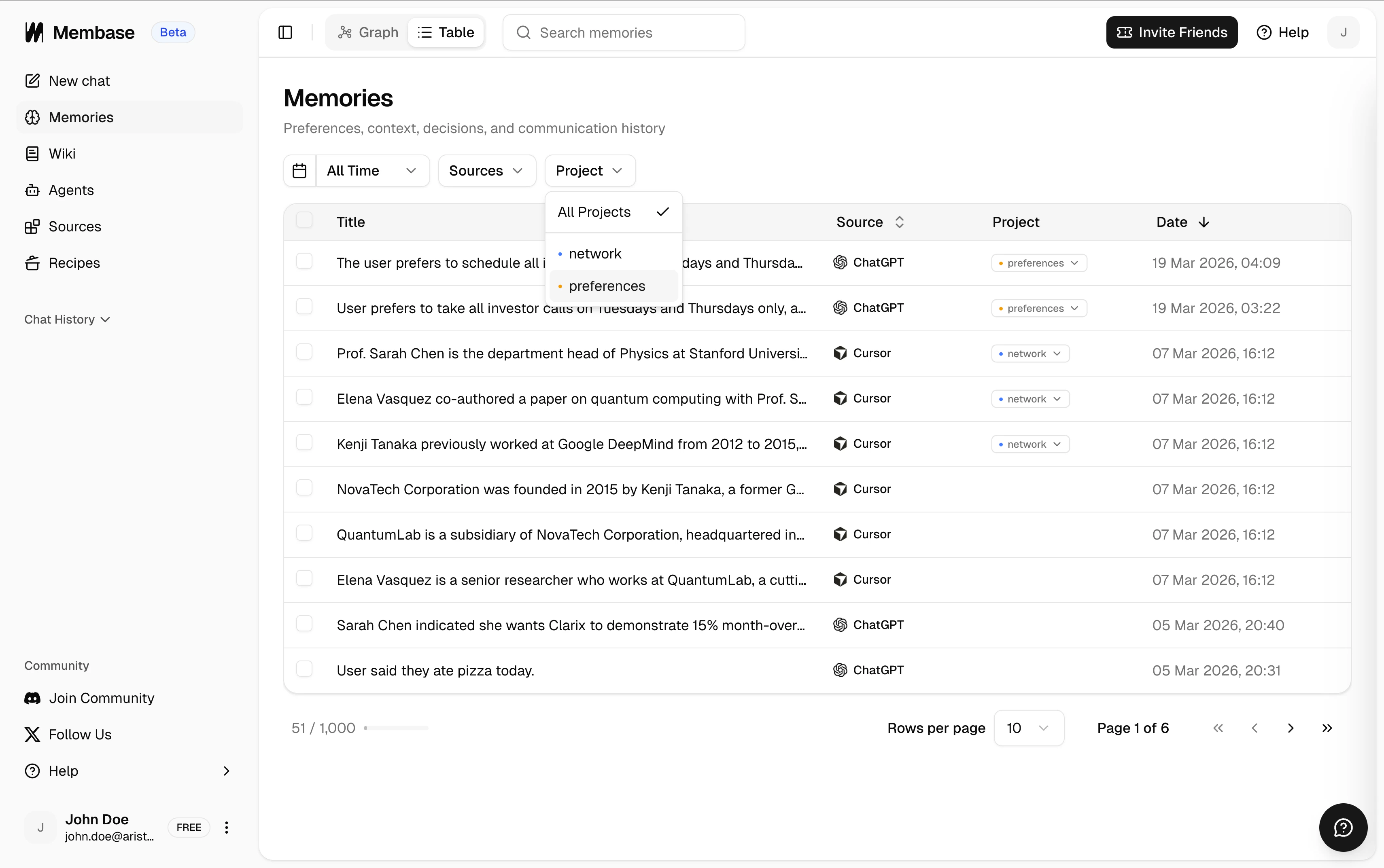 Inline project picker on the Memories table