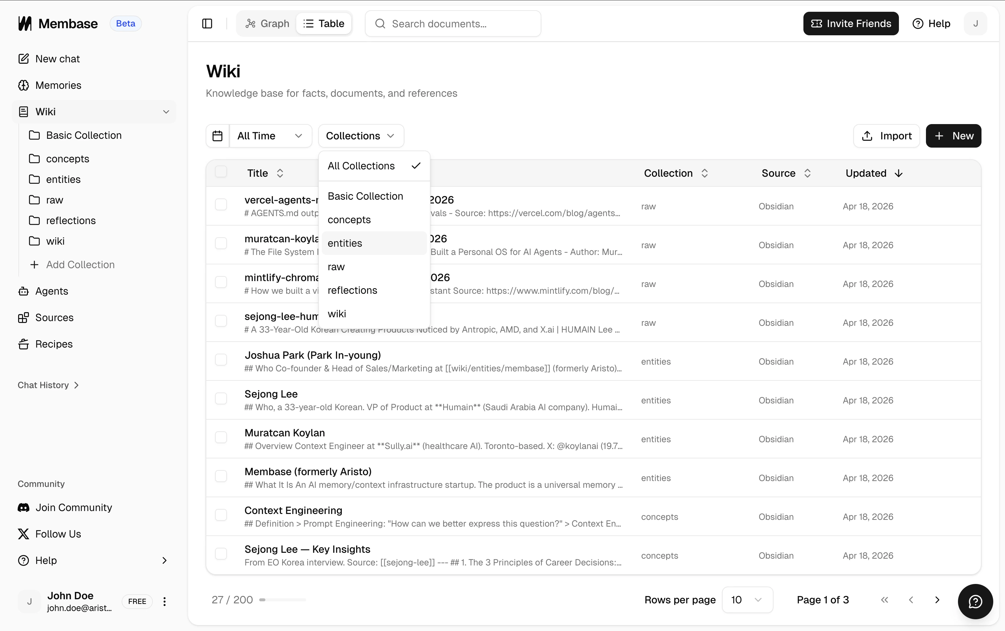 Wiki sidebar with a collection selected and the list filtered
