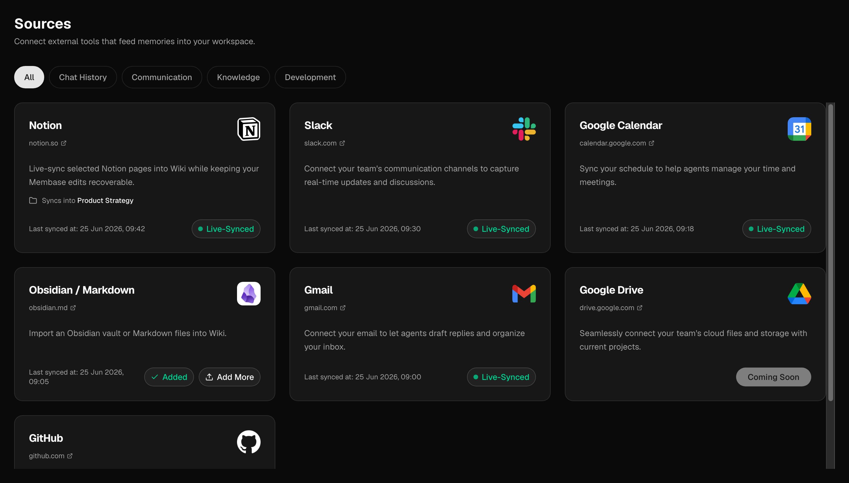 Sources page with app integrations and Wiki imports in dark mode