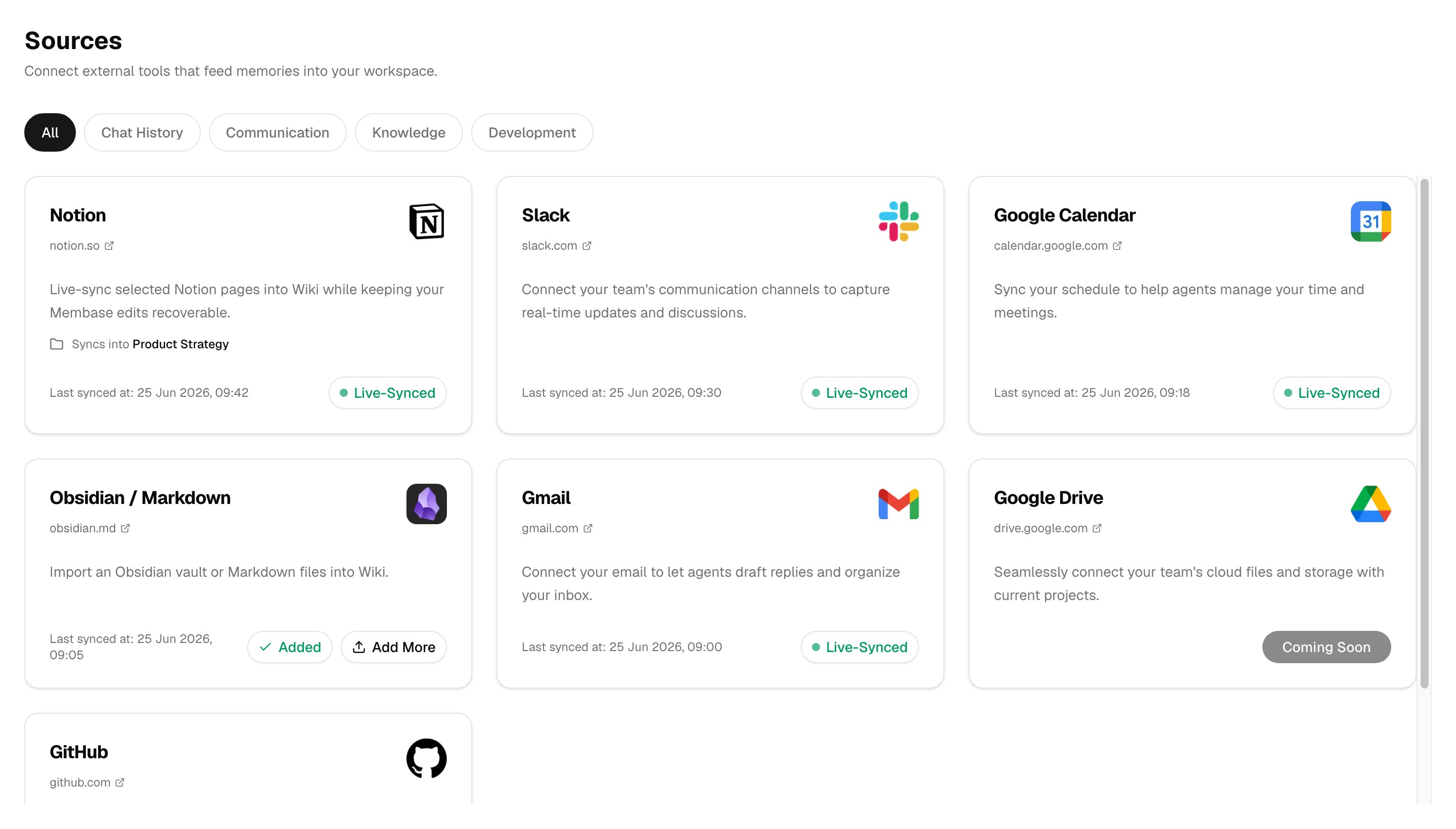 Sources page with app integrations and Wiki imports