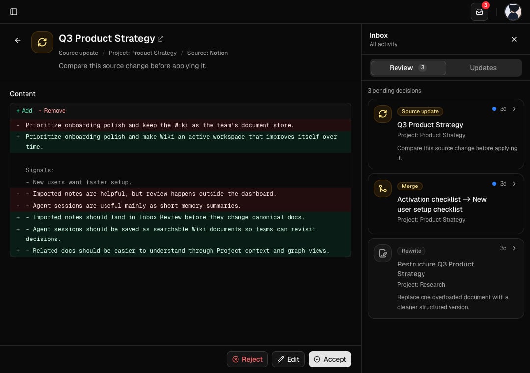 Self-improving Wiki Inbox Review in dark mode