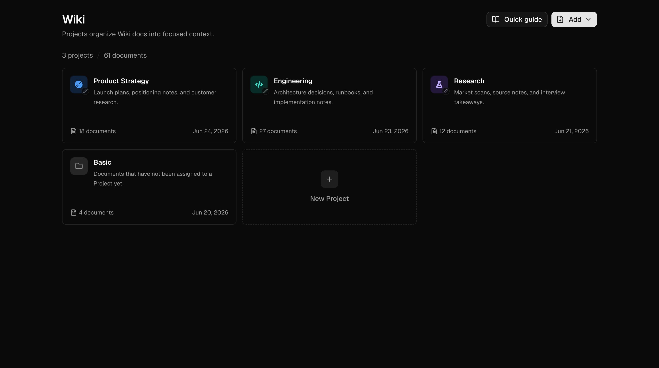 Wiki Project overview showing Projects and Basic in dark mode