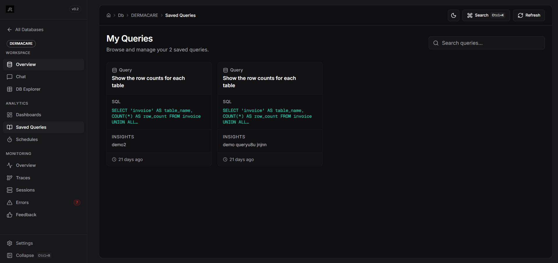 Saved Queries Dashboard