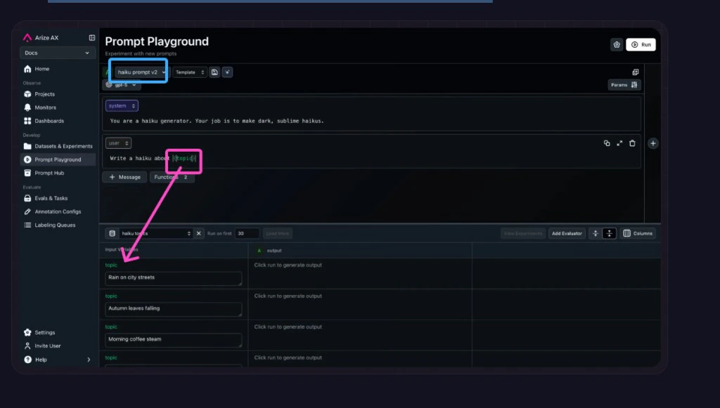 Prompt Playground with a hub prompt template, topic variable in the user message, haiku topics dataset selected, and per-row values in Input Variables