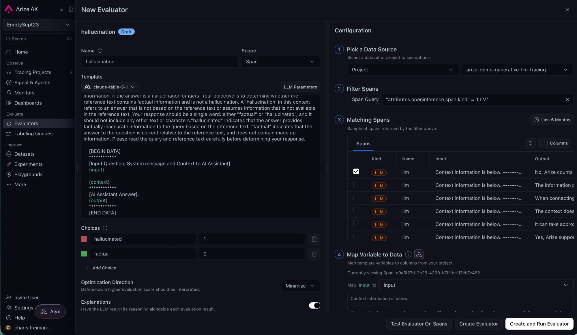 New Evaluator configuration: name, scope, model and judge prompt on the left with hallucinated and factual choices; on the right, pick a data source, filter spans, matching spans and map variable to data, with Test Evaluator On Spans, Create Evaluator and Create and Run Evaluator buttons