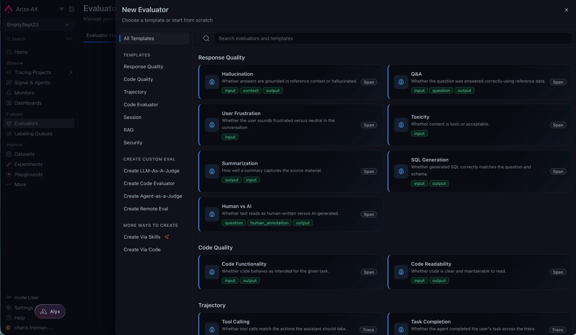 New Evaluator template picker: Response Quality, Code Quality and Trajectory groups with Hallucination, Q&A, User Frustration, Toxicity, Summarization, SQL Generation, Tool Calling and Task Completion templates, plus options to create a custom eval via skills or code
