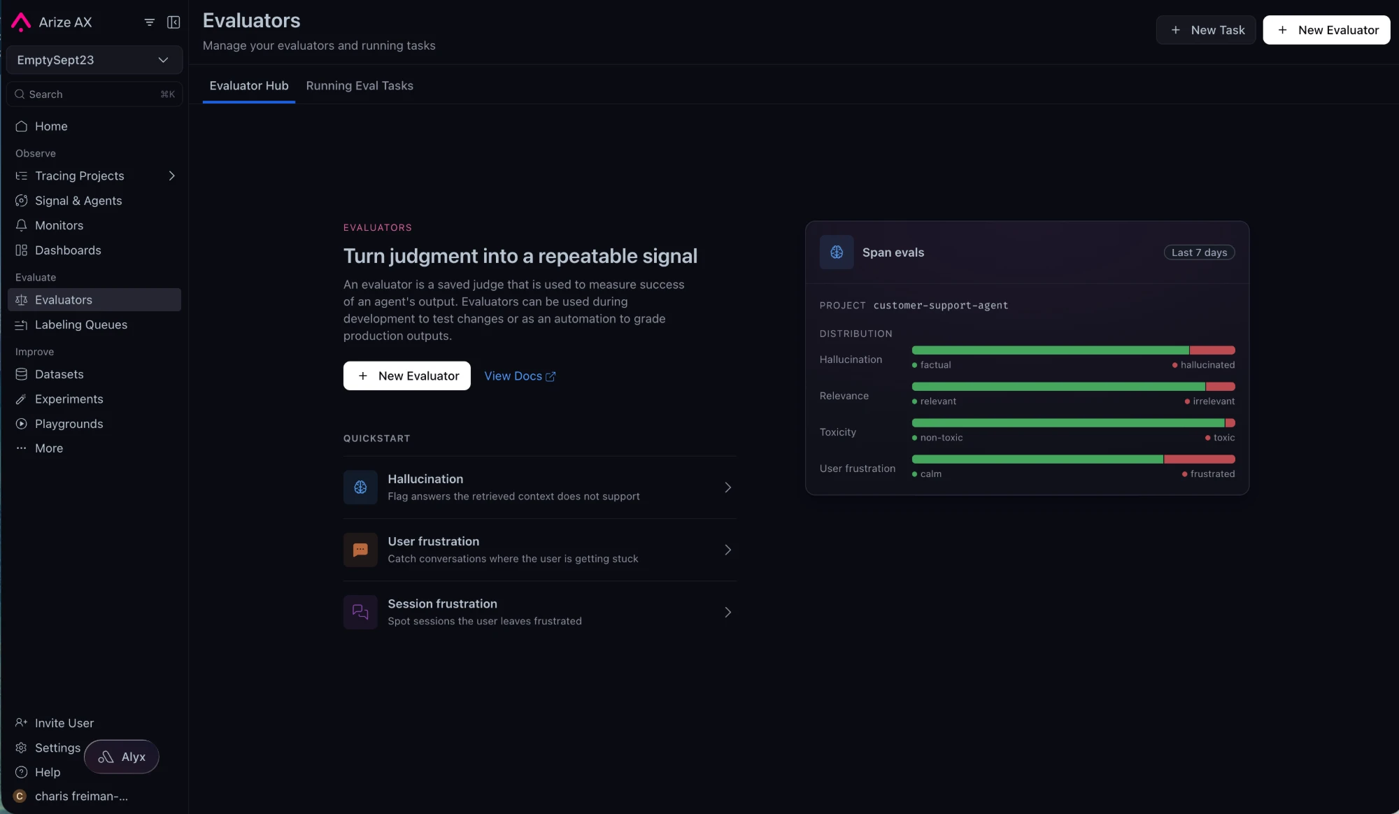 Arize AX Evaluators page: Evaluator Hub and Running Eval Tasks tabs, New Evaluator and New Task buttons, quickstart cards for Hallucination, User frustration and Session frustration, and a Span evals panel showing label distribution per evaluator