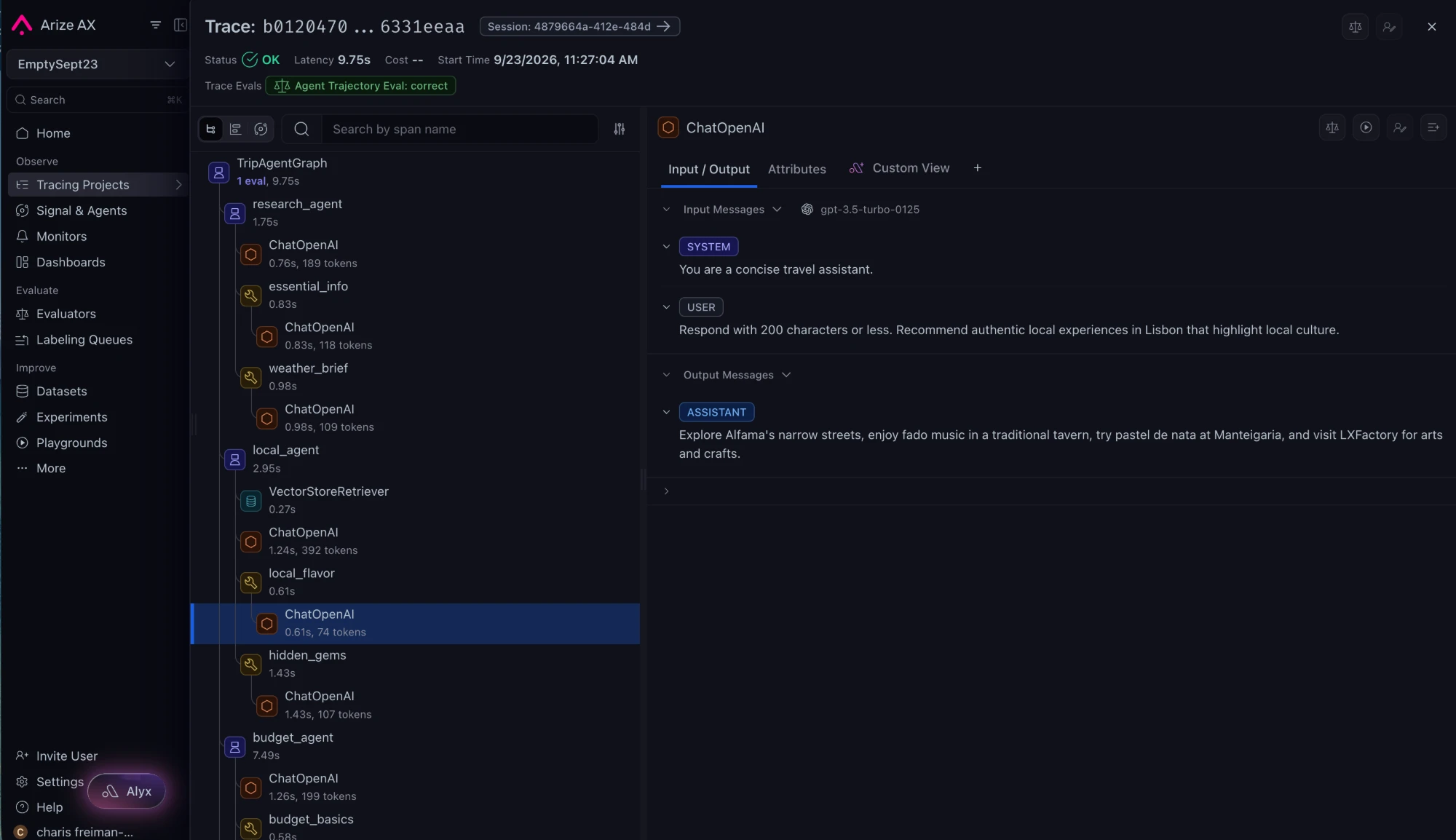 Expanded trace for a travel agent: nested agent, tool, retriever and LLM spans with per-span latency and token counts, beside the Input / Output panel showing the system, user and assistant messages
