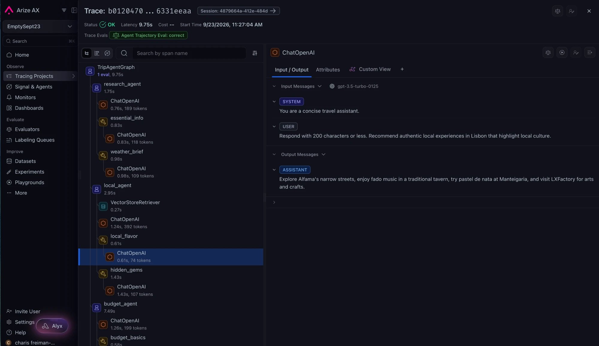 Expanded trace for a travel agent: nested agent, tool, retriever and LLM spans with per-span latency and token counts, beside the Input / Output panel showing the system, user and assistant messages