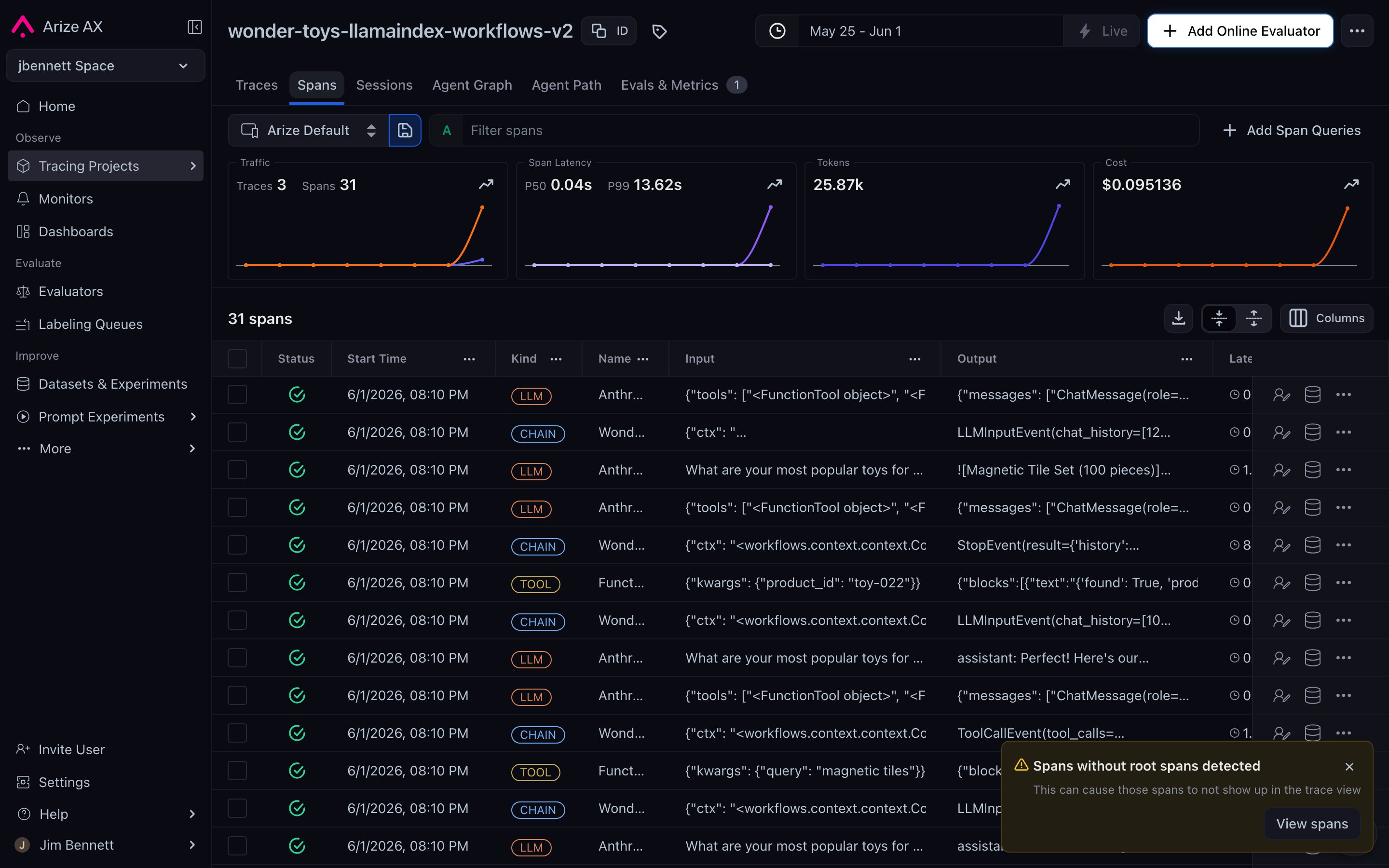 Spans tab in the wonder-toys-llamaindex-workflows-v2 project showing 31 spans listed with Status, Start Time, Kind (CHAIN, LLM, TOOL pills), Name, Input, Output, Latency columns and a row checkbox column ready for multi-select