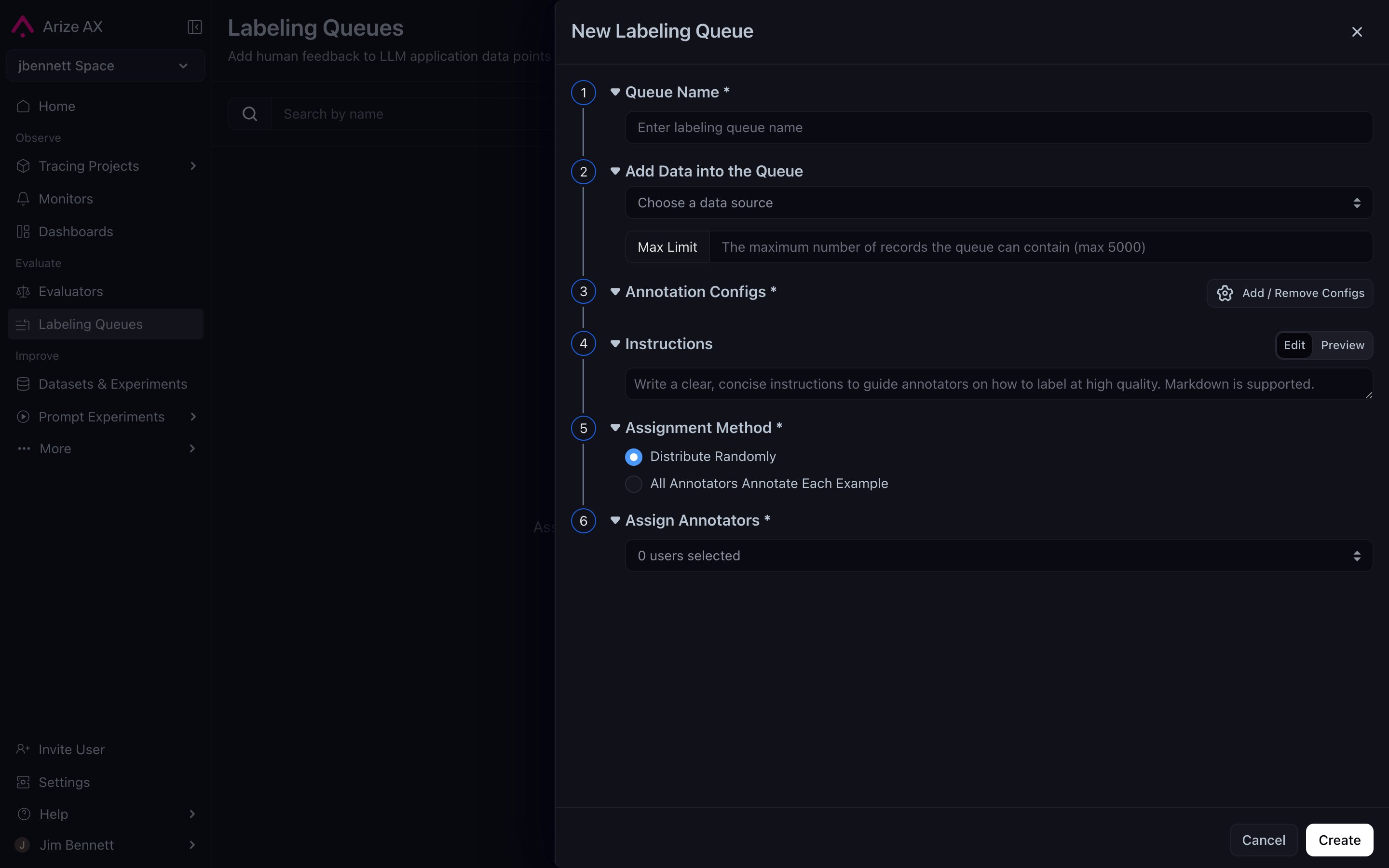 New Labeling Queue dialog with six numbered sections — Queue Name, Add Data into the Queue with data source picker and max limit, Annotation Configs with Add/Remove Configs button, Instructions field with Edit/Preview tabs, Assignment Method with Distribute Randomly and All Annotators Annotate Each Example options, and Assign Annotators