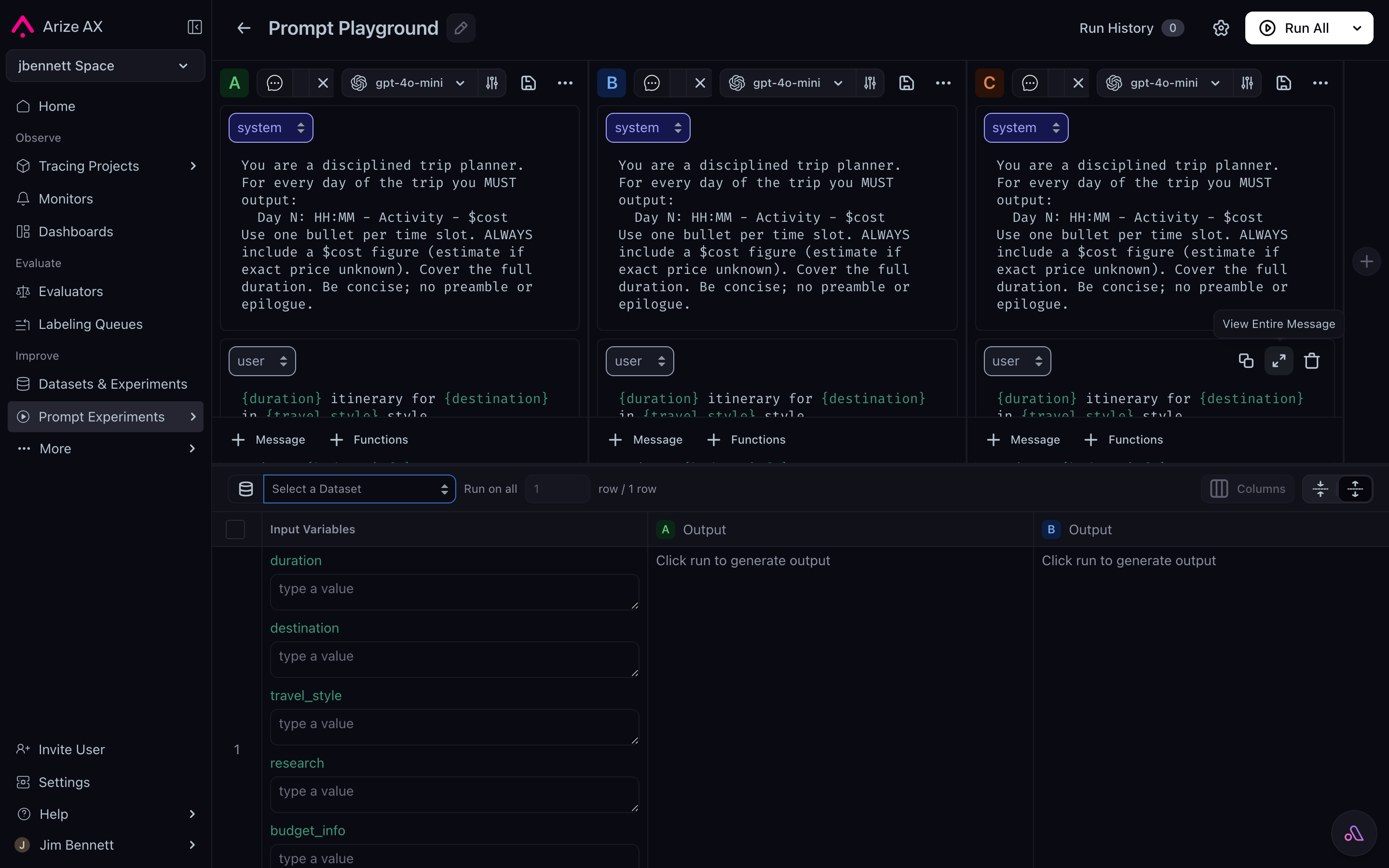 Prompt Playground showing three prompt instances labeled A, B, and C side by side, each with the trip-planner system message and the same variables in the user message, model gpt-4o-mini on each, with an Input Variables panel below showing duration, destination, travel_style, research, budget_info, local_info fields and Output panels per variant