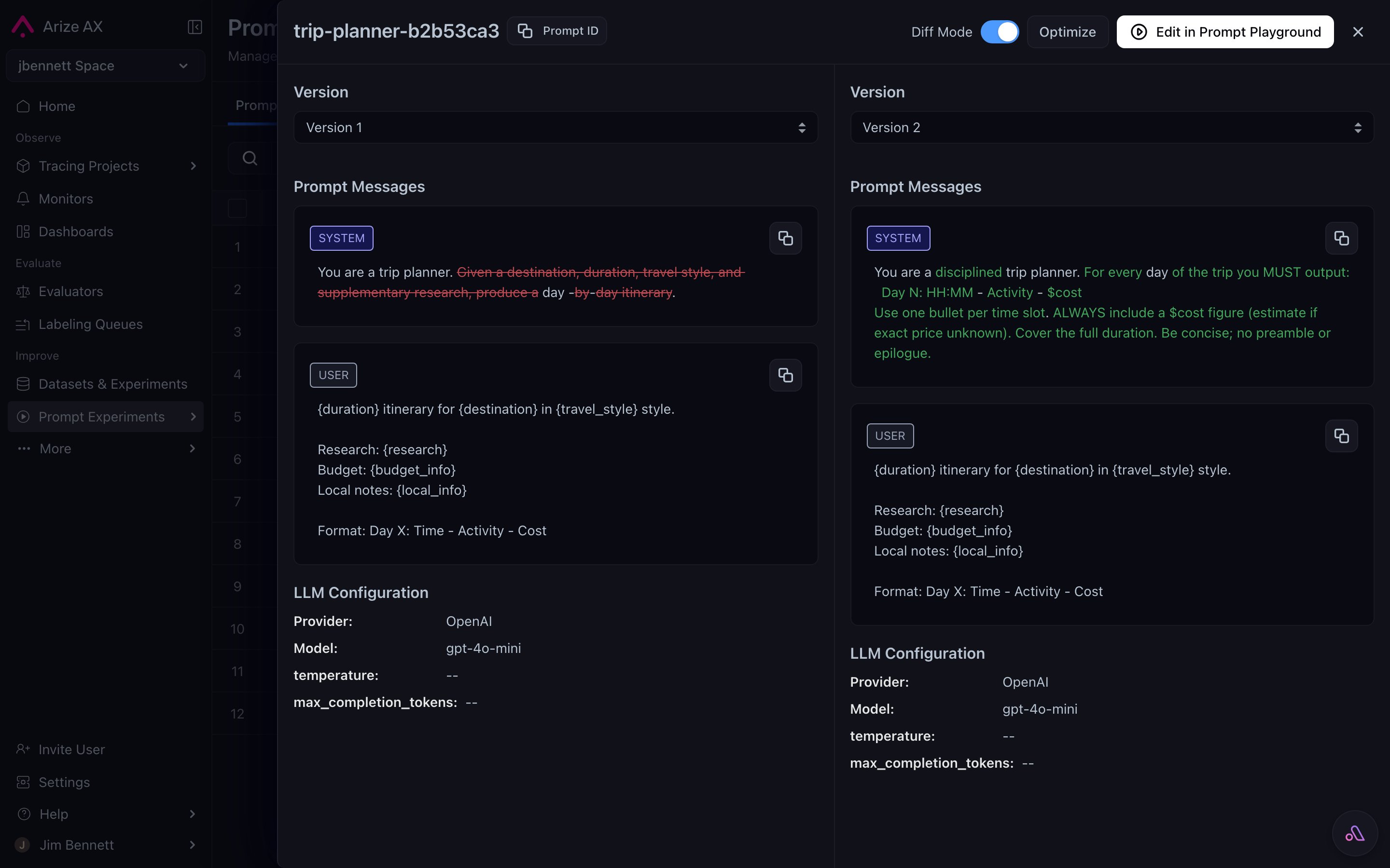 Prompt Hub diff mode showing version 1 on the left with the original system message and version 2 on the right with the tightened message — strikethrough on removed phrasing and highlighted additions inline, with the LLM Configuration panel showing provider and model for each version