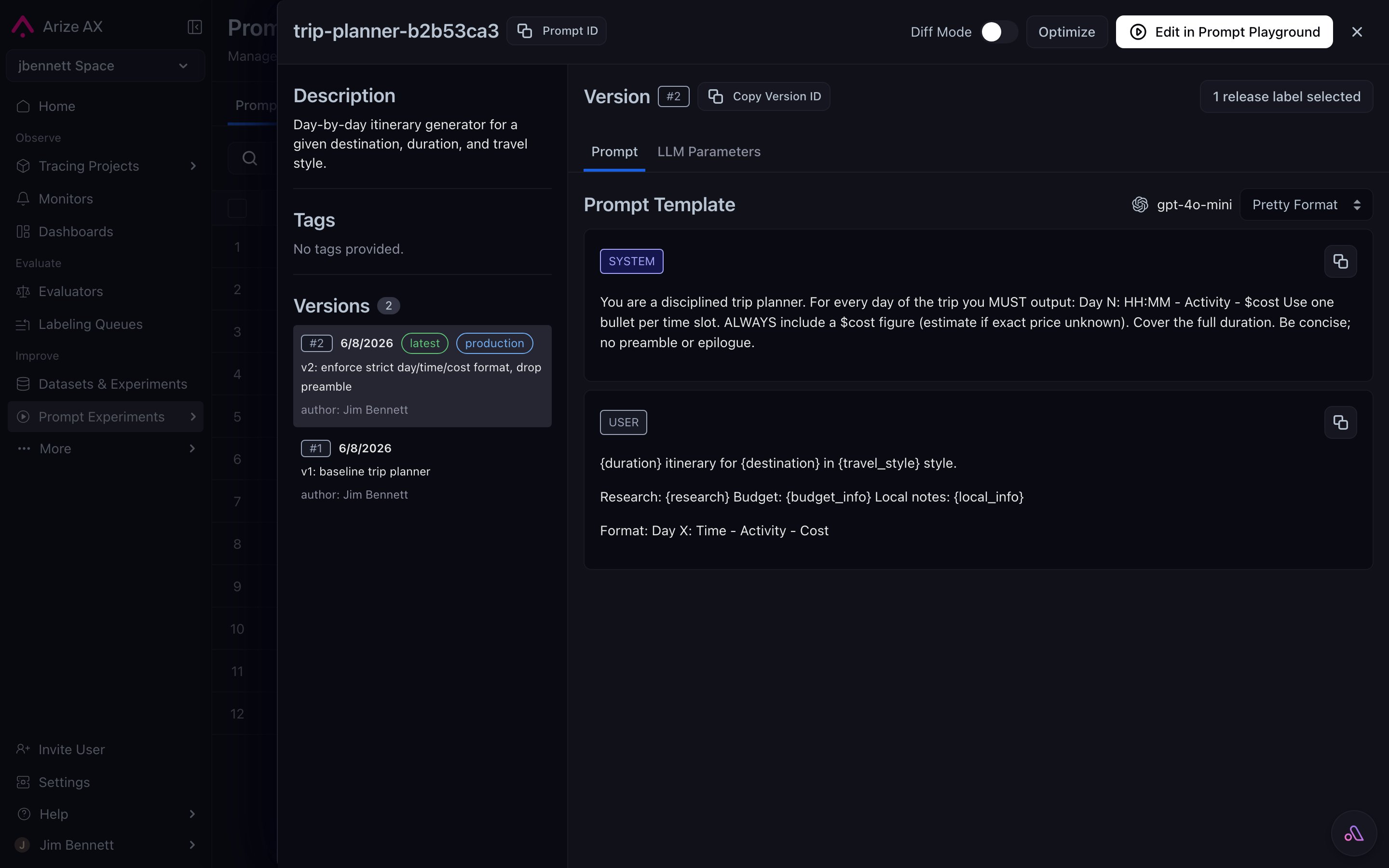 Prompt Object detail drawer showing description, tags, versions panel with v1 and v2 entries with tags like latest and production, plus the prompt template with system and user messages and the LLM configuration including provider OpenAI and model gpt-4o-mini