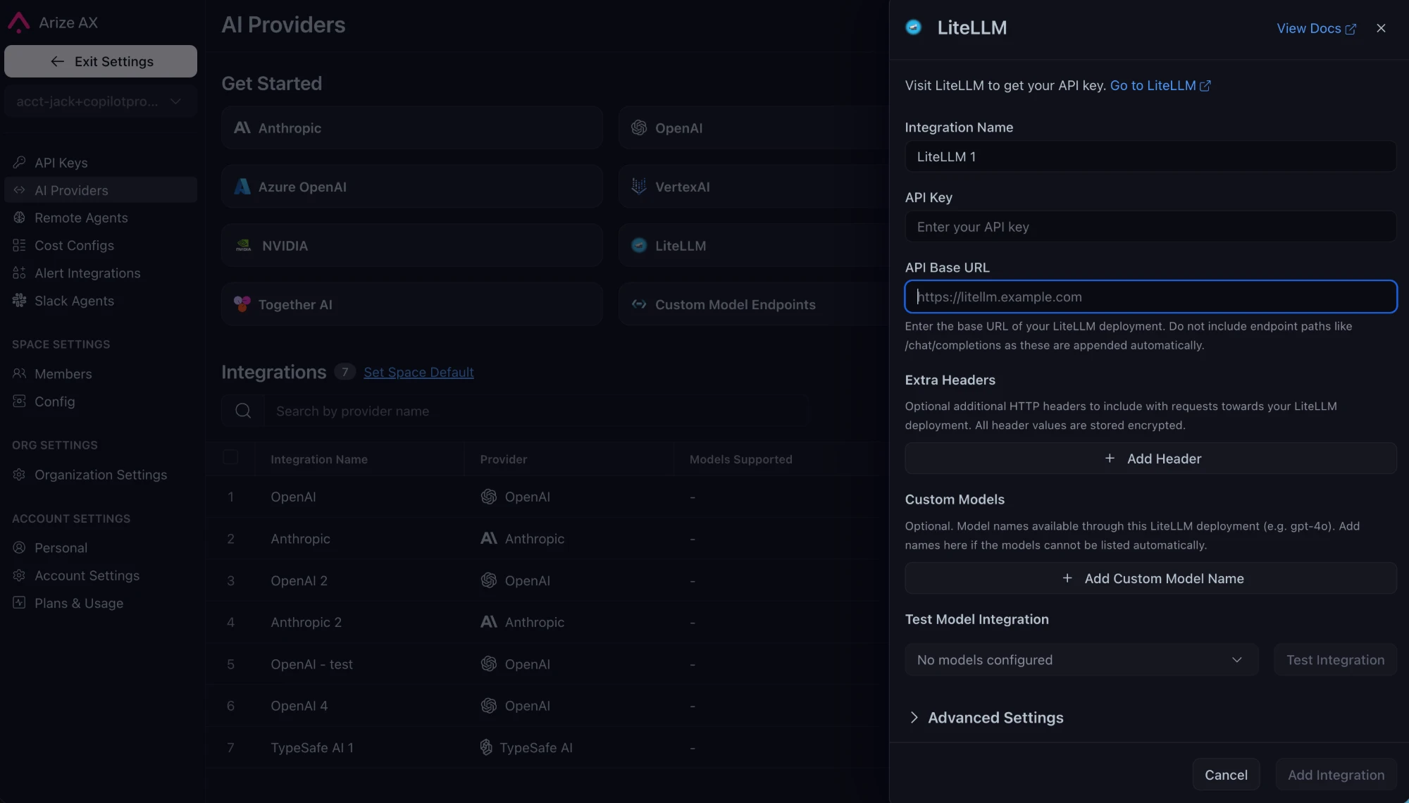 The LiteLLM integration details pane with name, API key, API base URL, extra headers, custom models, and test integration fields