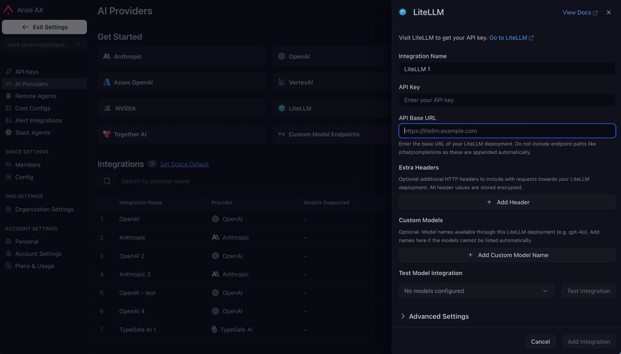 The LiteLLM integration details pane with name, API key, API base URL, extra headers, custom models, and test integration fields