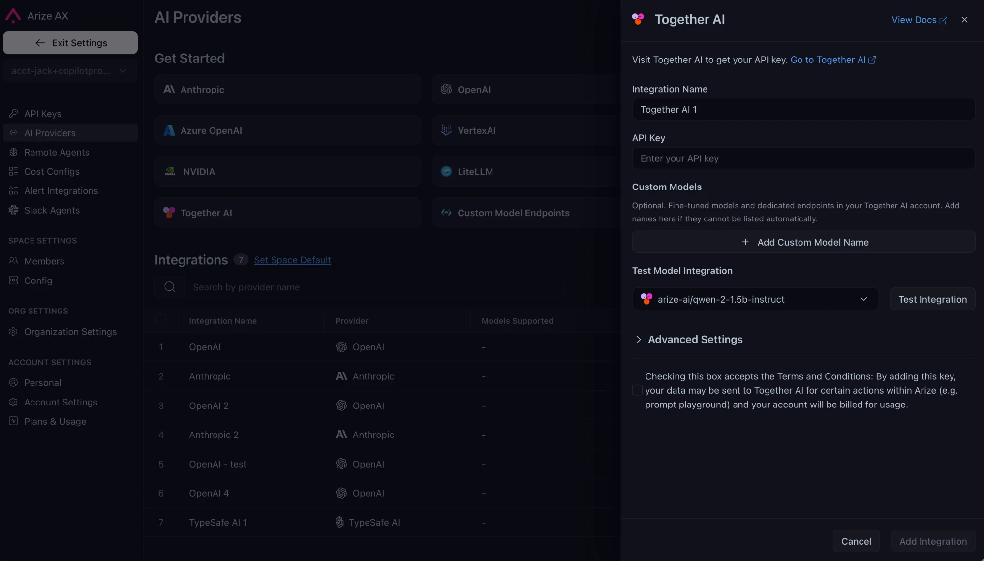 The Together AI integration details pane with name, API key, custom models, and test integration fields