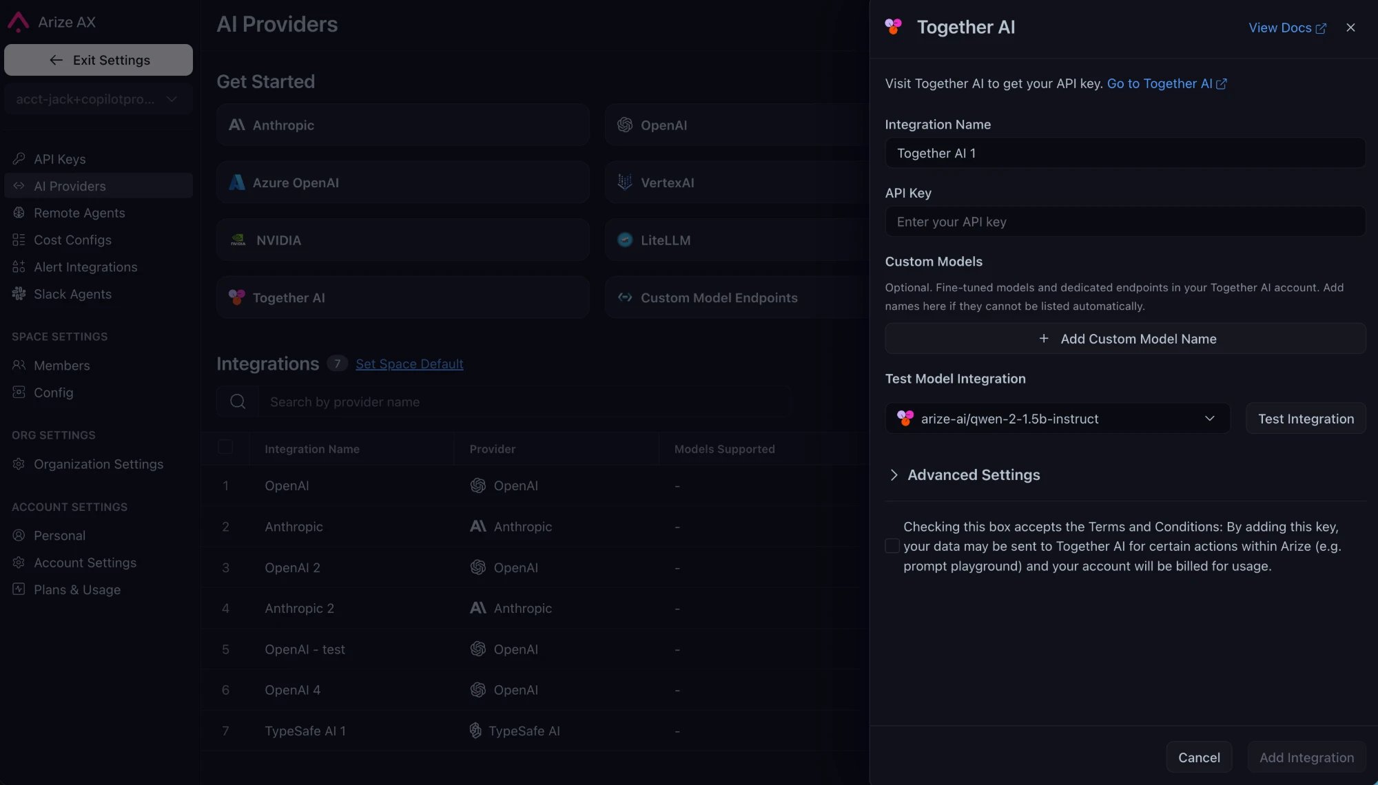 The Together AI integration details pane with name, API key, custom models, and test integration fields