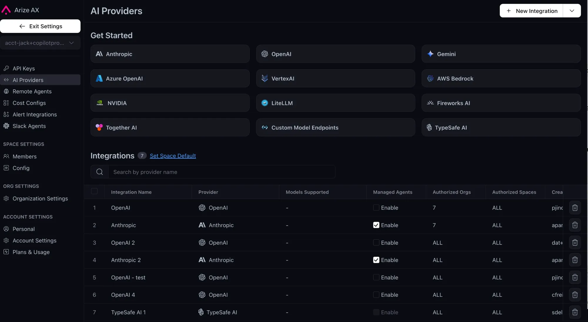 The AI Provider integrations tab with the Together AI tile in the Get Started grid