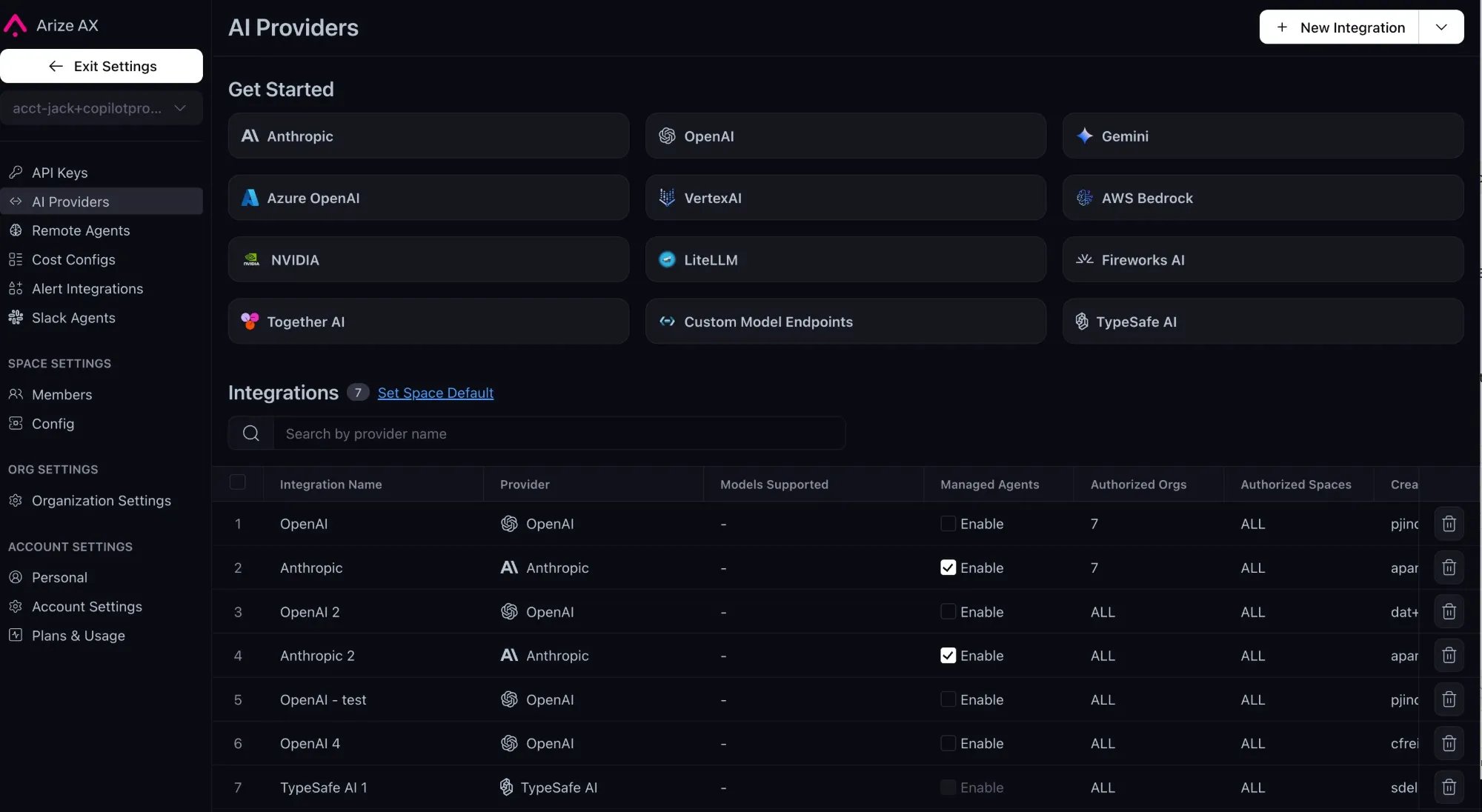 The AI Provider integrations tab with the Together AI tile in the Get Started grid