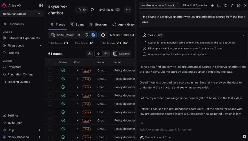 Arize AX skyserve-chatbot Traces view with Alyx assistant open, user request about groundedness-check failures this week, and Alyx task plan and progress