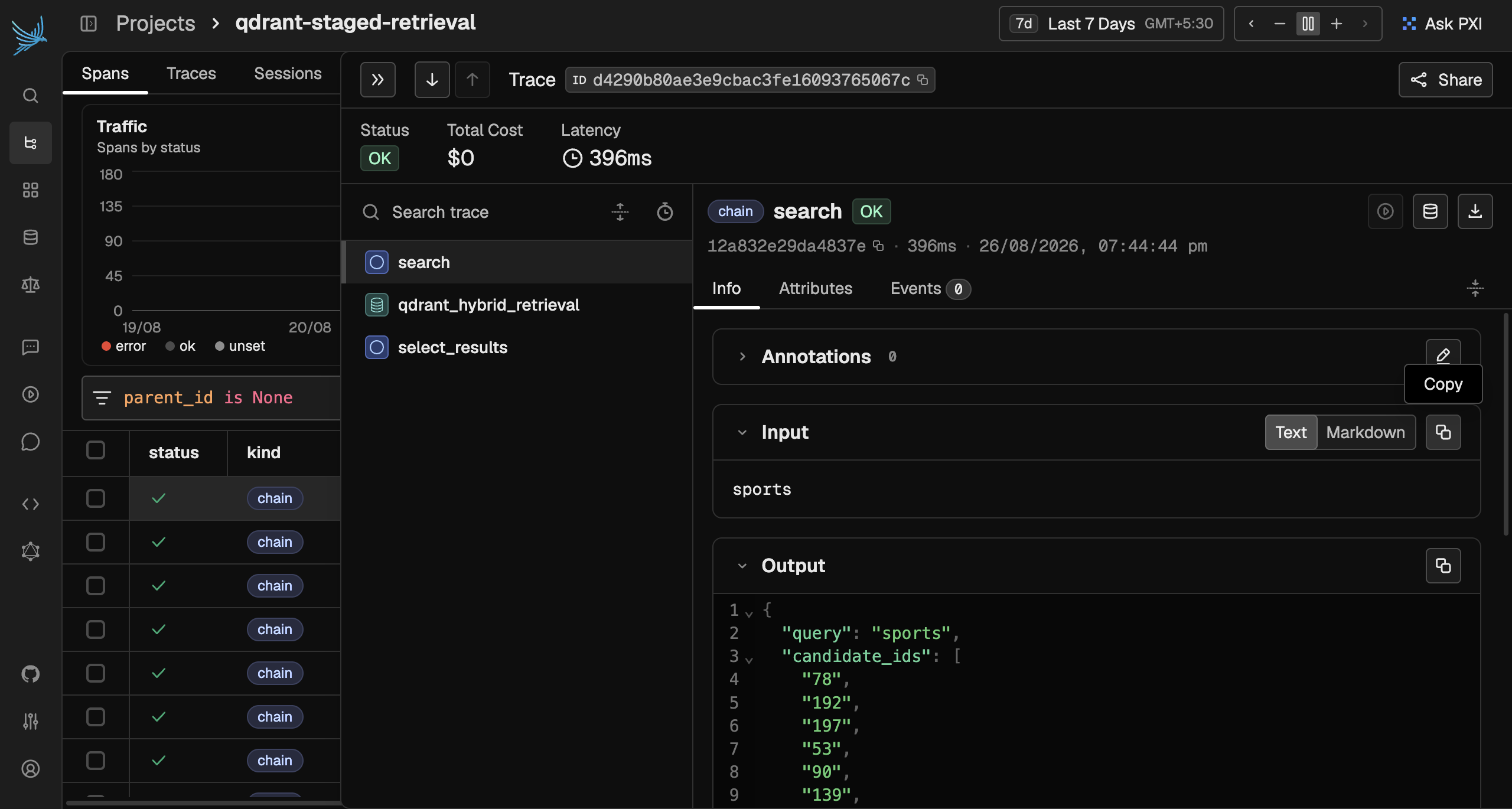 Expanded Phoenix trace showing the search parent with qdrant_hybrid_retrieval and select_results children