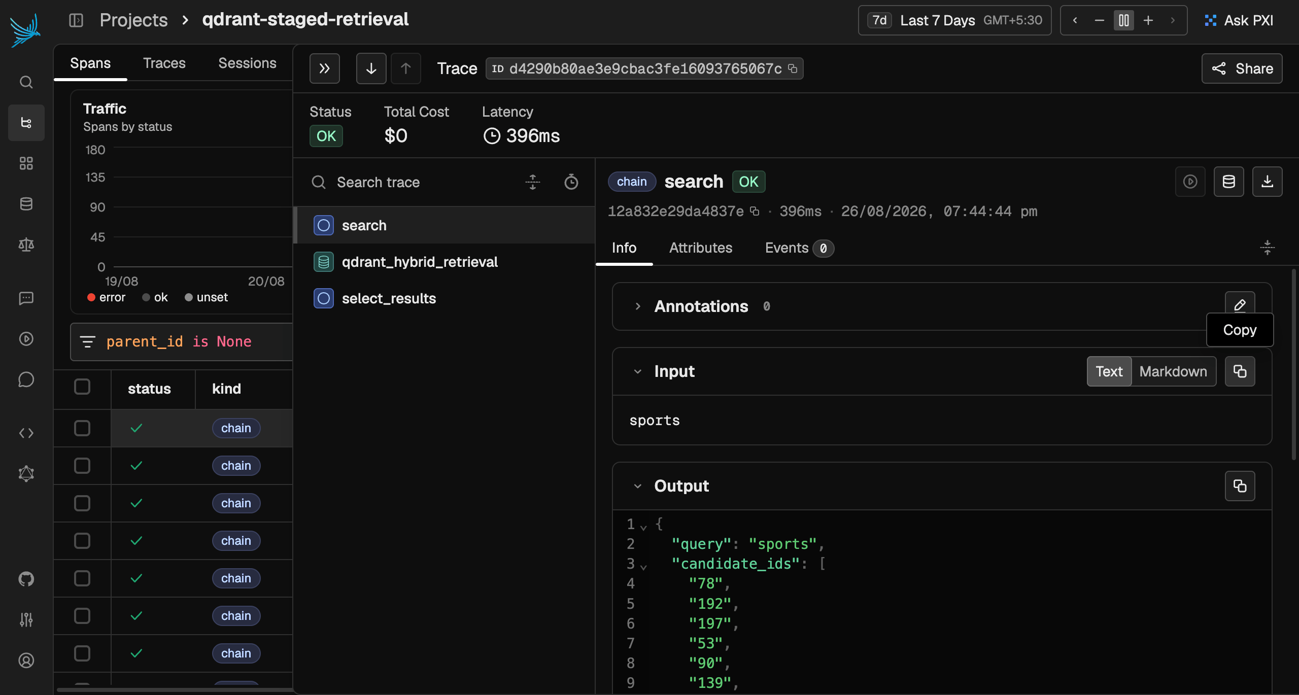 Expanded Phoenix trace showing the search parent with qdrant_hybrid_retrieval and select_results children